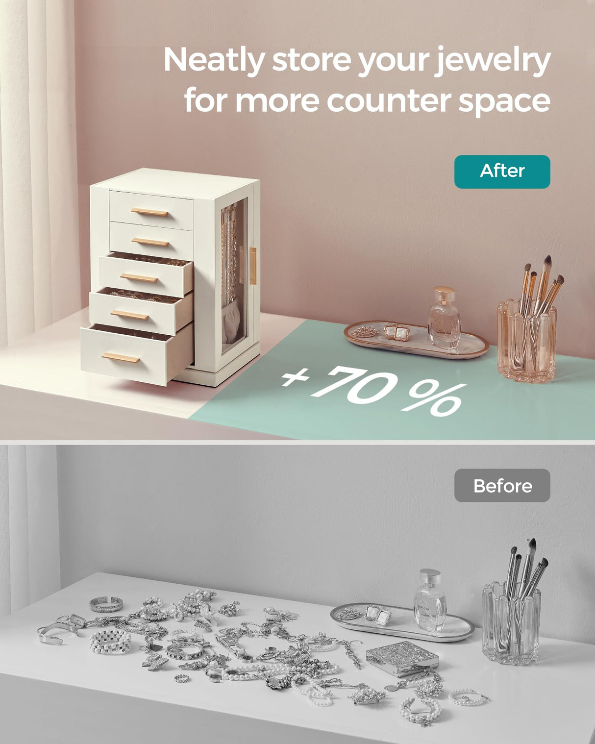 SONGMICS Jewelry Box 360° Rotating, Jewelry Storage Case with 5 Drawers, Jewelry Organizer, Glass Window, Spacious, Vertical Jewelry Storage, Open Design, Great Gift, Cloud White UJBC170W01 SONGMICS