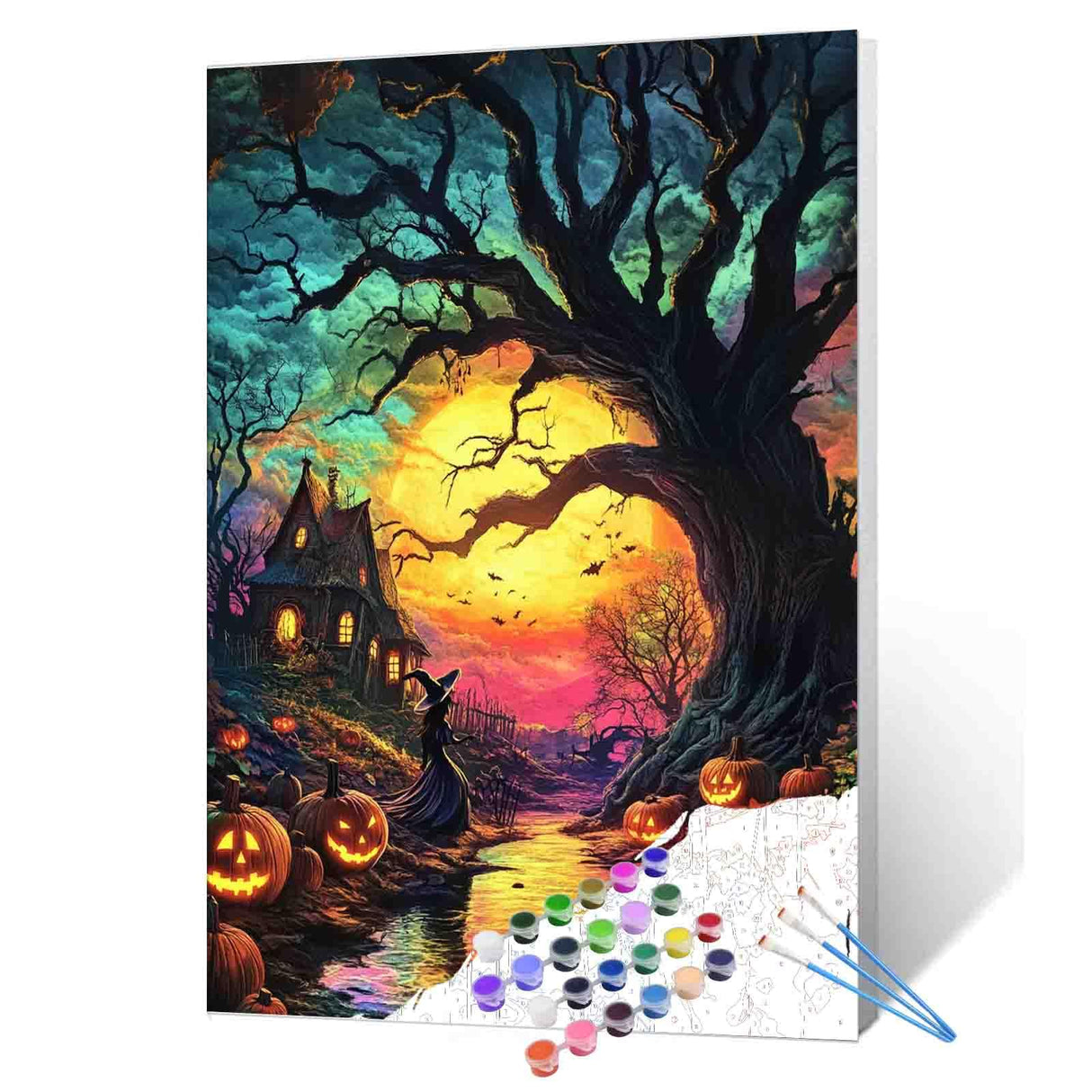 Tucocoo Halloween Spooky Scenery Paint by Number Kit 16 x 20 inch Canvas Full Moon Pumpkins DIY Oil Painting for Adults Beginner with Brushes and Acrylic Pigment-Witch's Night(Without Frame) Tucocoo