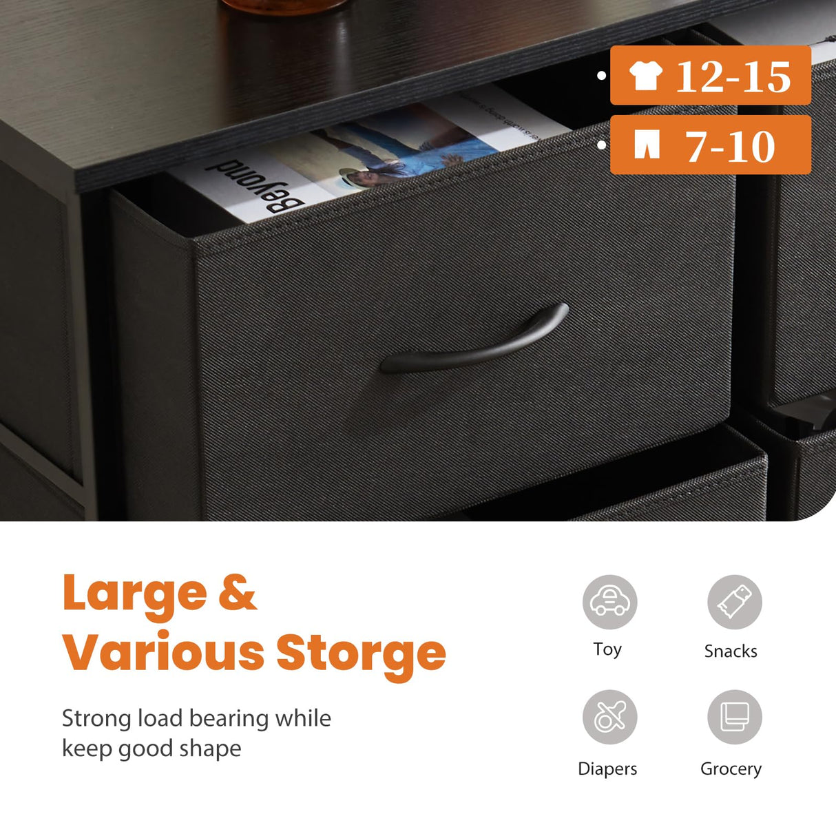 Sweetcrispy Dresser, Tall Dresser for Bedroom, Drawer Dresser Organizer Storage Drawers with 10 Drawers, Chest of Drawers with Fabric Bin, Steel Frame, Wood Top for Bedroom, Closet, Entryway Sweetcrispy