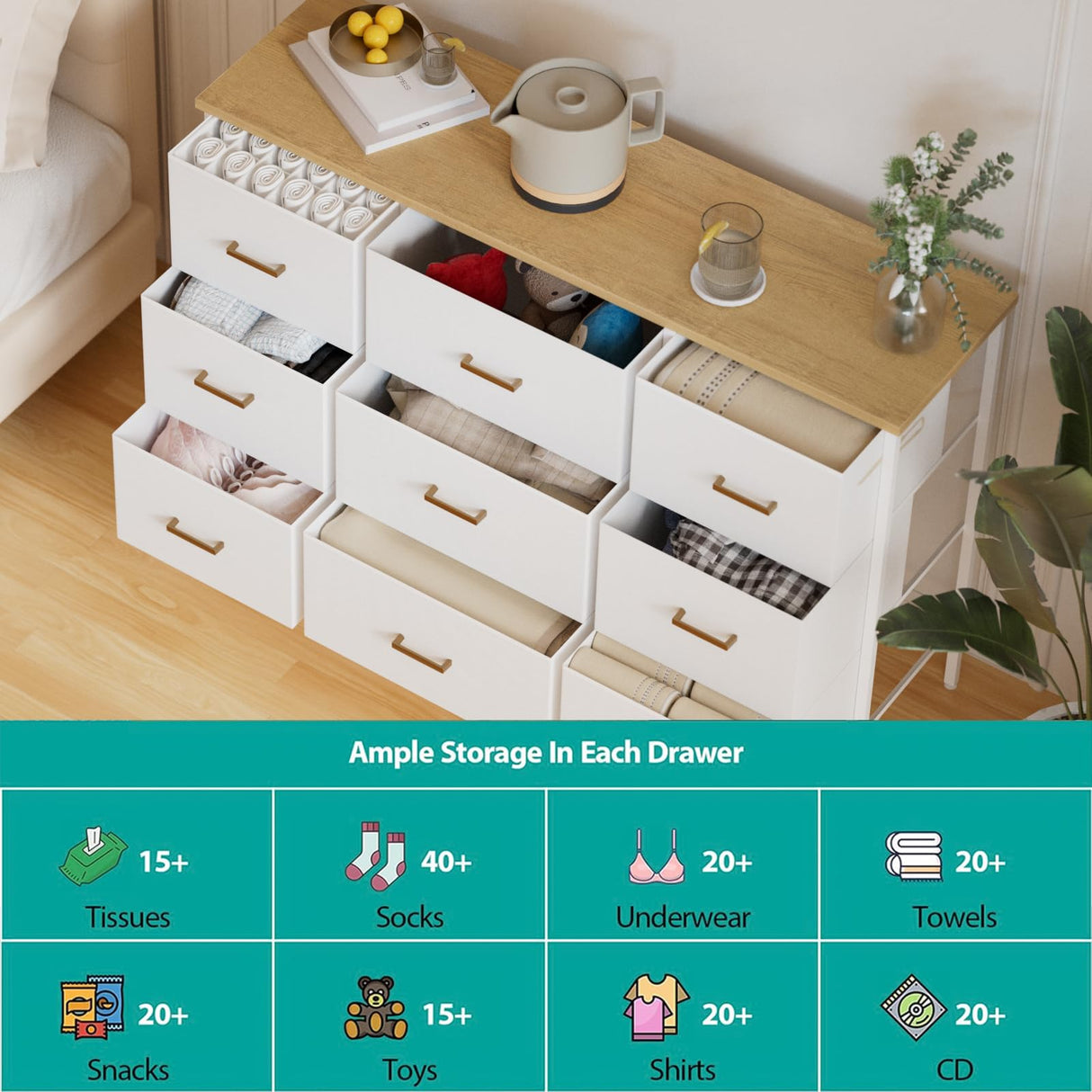 VASICAR Wide TV Stand Modern TV Console, 9 Drawers Dresser for Bedroom, Fabric Storage Cabinet, Chest of Drawers for Closet, Nursery, Living Room(White) VASICAR