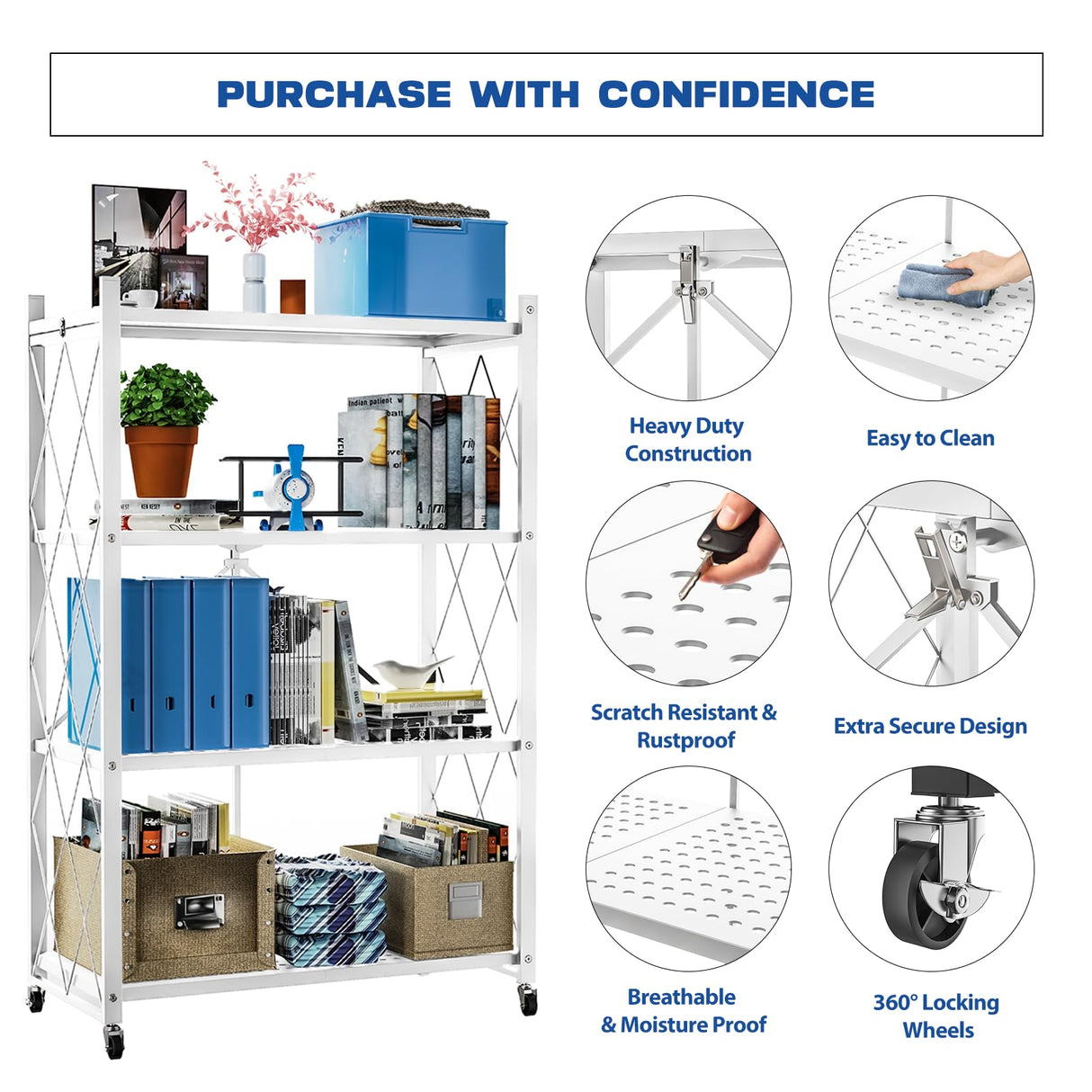 Lifetime Home 4-Tier Foldable Storage Shelf with Wheels - Metal Collapsible Shelving Unit Display, Rolling Cart for Books Kitchen Storage Shelves, Pantry & Closet Organizer, Office Room Decor - White Lifetime Home