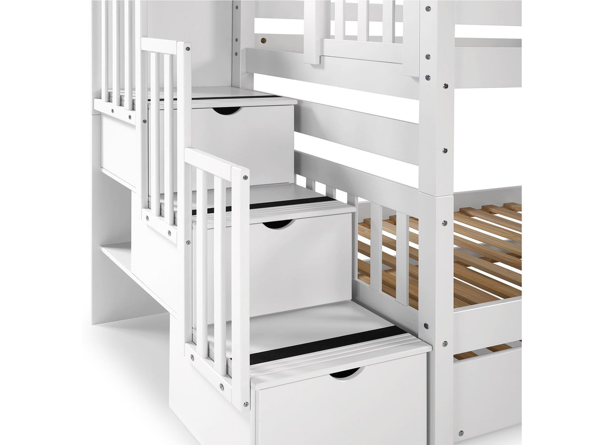 Bedz King Stairway Bunk Beds Twin over Twin with 3 Drawers in the Steps and 2 Under Bed Drawers, White Bedz King