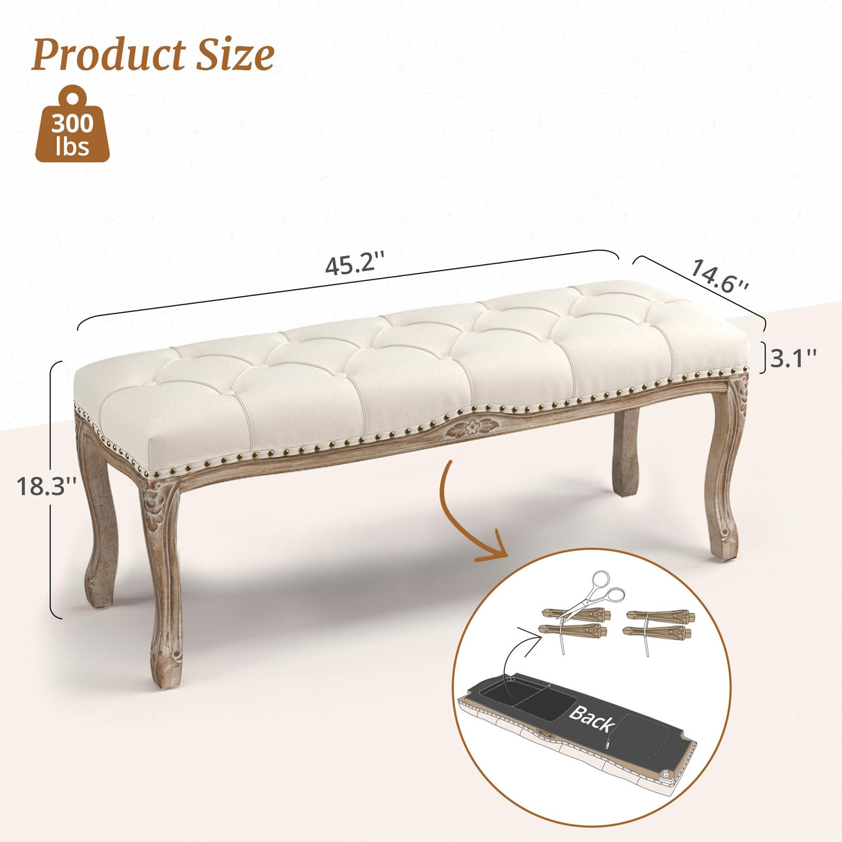 Cozyman Bedroom Bench, French Vintage Tufted Entryway Bench, 45.2" Carving Upholstered End of Bed Bench with Distressed Wood Legs, Linen Ottoman Bench Seat for Living Room, Foyer, Dining Room, Beige Cozyman