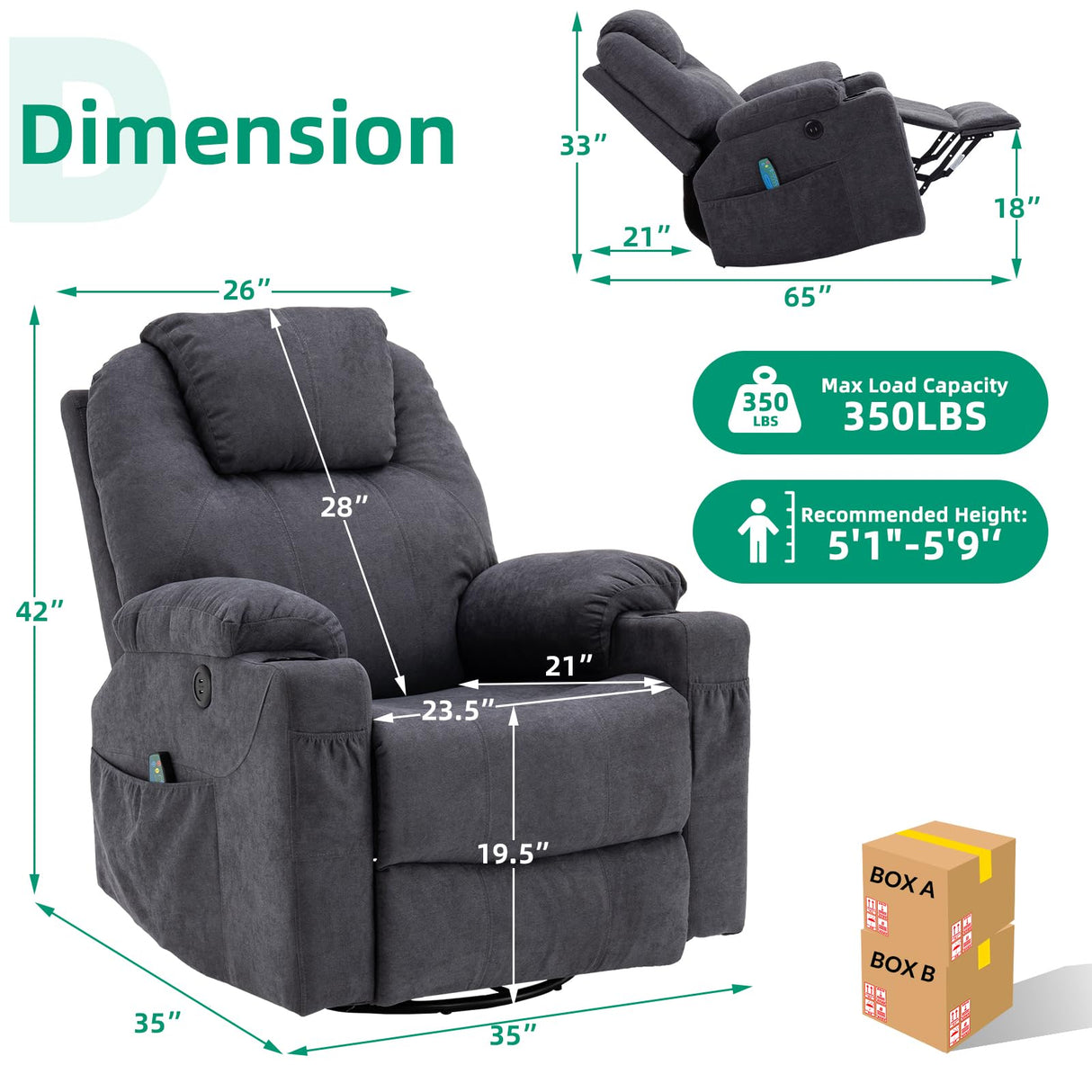 VIVIJASON Manual Massage Rocker Recliner Chair, 360° Swivel Glider Lounge Chair with Heat Ergonomic Home Theater Recliner Sofa with 2 Cup Holders, Side Pockets & USB Ports for Living Room, Grey VIVIJASON
