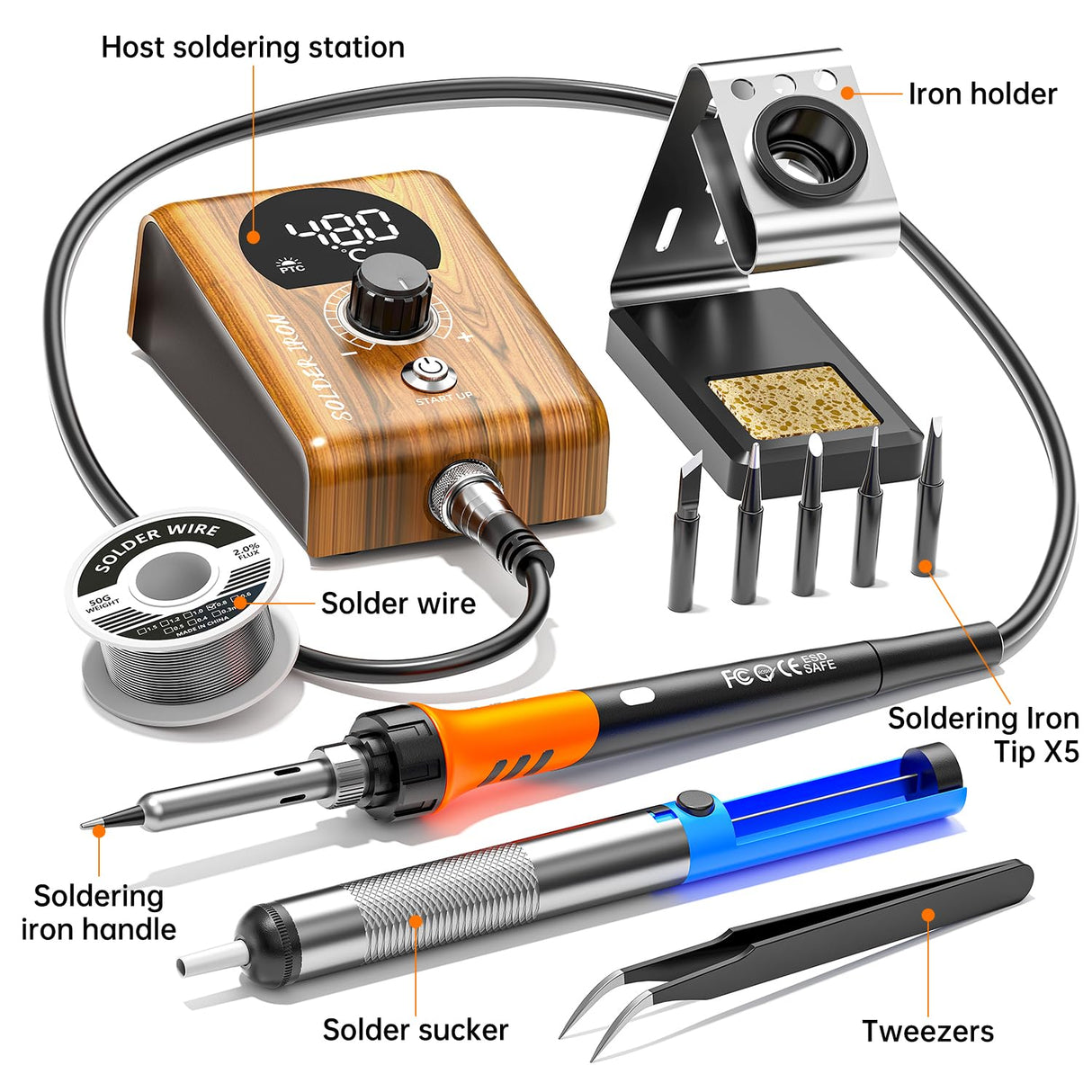 90W Digital display soldering station, stable knob control, independent switch power supply, tin wire, tin absorber, anti-static tweezers, 5 soldering iron tips, handle fixed bracket MEAKEST