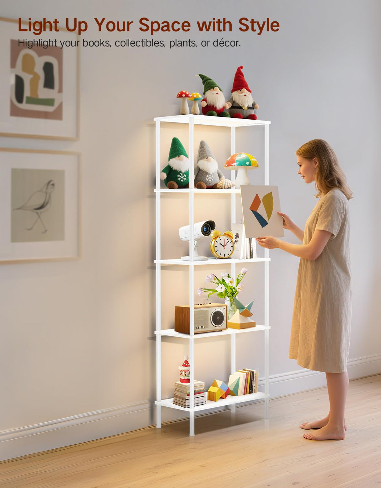 OUTONLIFE 5 Tier Bookshelf with LED Light, Dimmable Bookcase with Touch & Remote Control, 3 Color Temperatures, Tall Modern Display Standing Shelf for Living Room, Bedroom, Home Office (White) OUTONLIFE