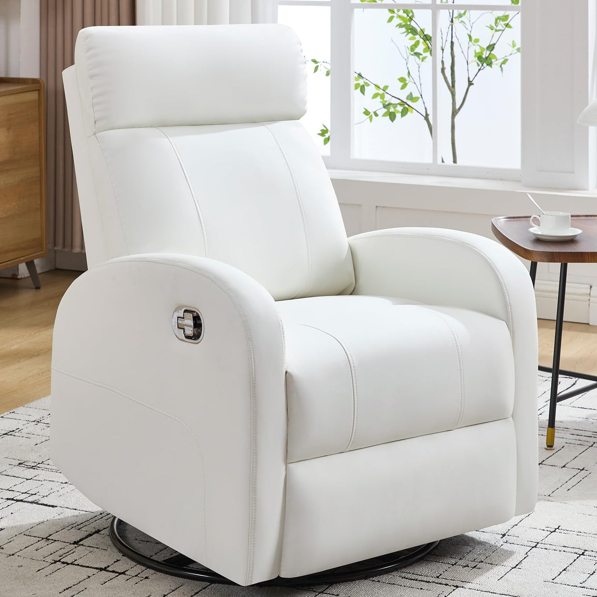 HOMYKA Swivel Rocker Recliner, Manual Glider Rocking Recliner Chair, Leather Swivel Reclining Lounge Chair Nursery Glider Recliners for Small Spaces, Living Room, White HOMYKA