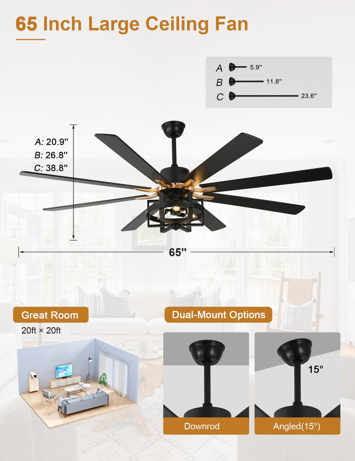 Curve Curio 65'' Black Ceiling Fan with Light, Large Industrial Ceiling Fans with Remote Control, 6-Speed Farmhouse Ceiling Fan with Remote for Bedroom Living Room (Black) Curve Curio