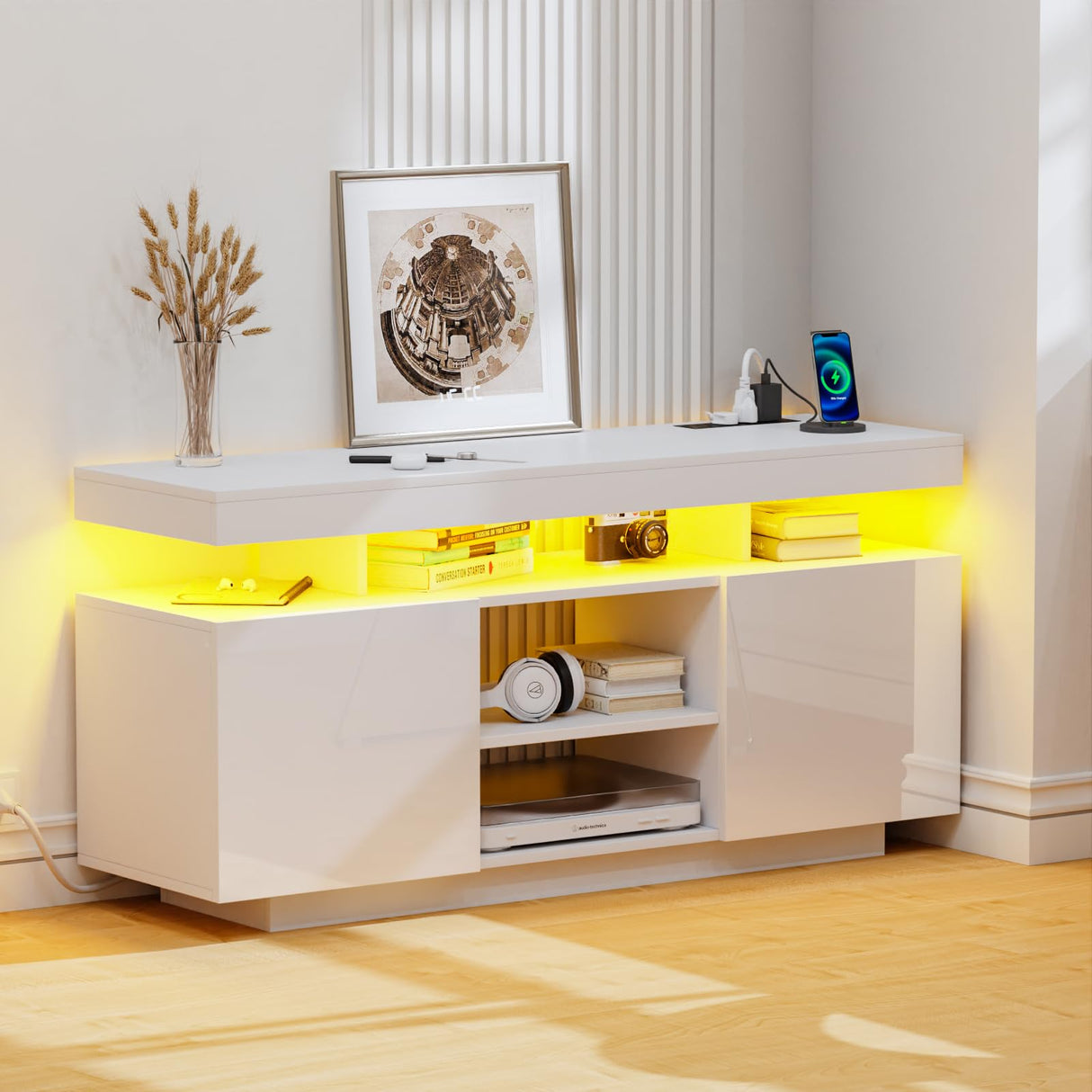 HOMMPA LED Lift Top Coffee Table and TV Stand Set of 2,Modern LED Entertainment Center with Power Outlets for up to 65" TV, Coffee Table with Hidden Compartment & 1 Open Shelve & 1 Drawers White HOMMPA