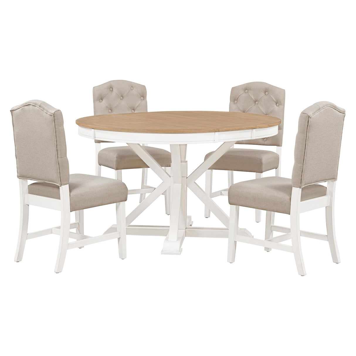 Merax 5 Piece Kitchen Extendable Dining Table Set, Wood Round Dining Table Set with Extendable Table and 4 Upholstered Chairs for Dining Room, Living Room (Oak Natural Wood + Off White) Merax