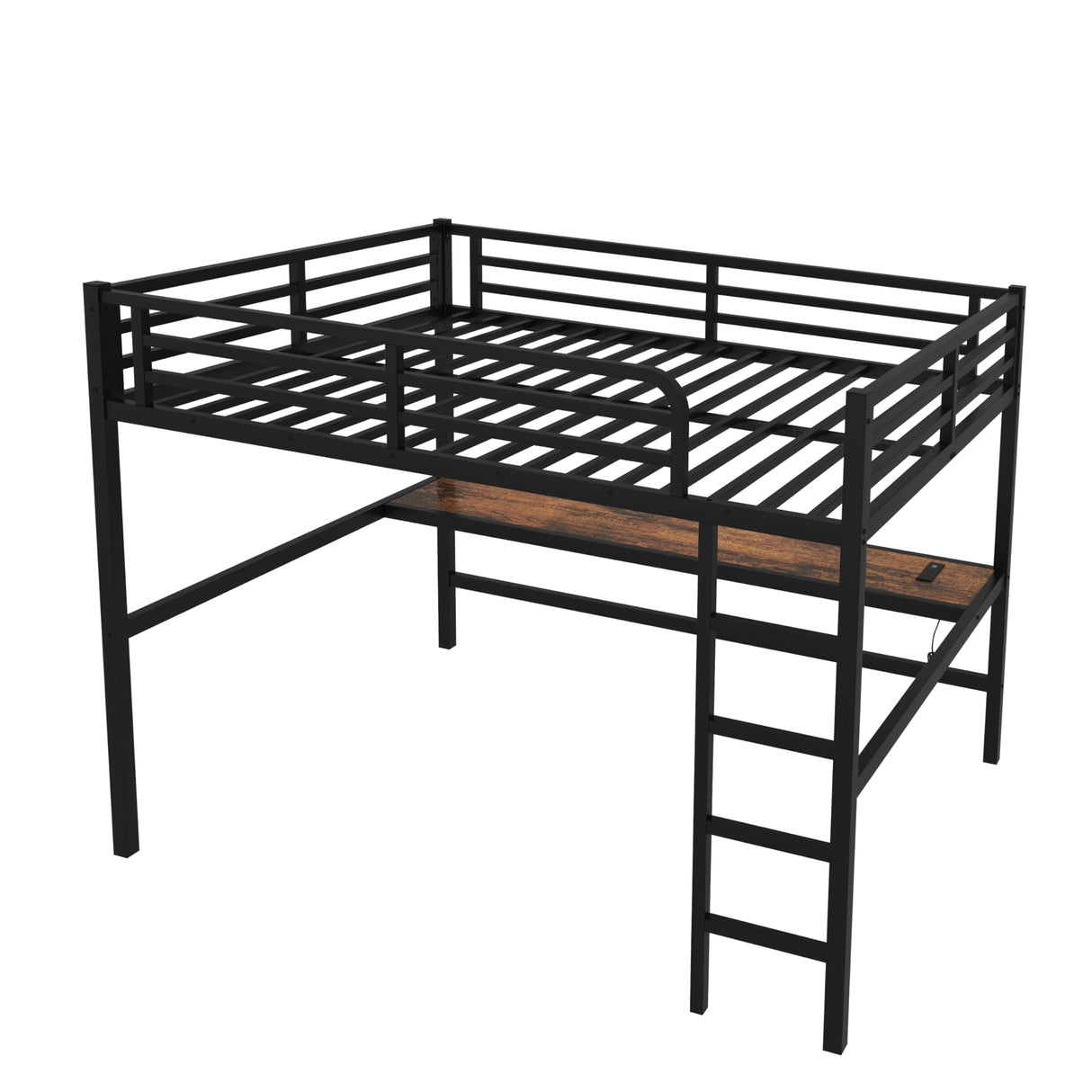 Queen Size Metal Loft Bed with Desk, LED Lights & USB Charging Station, Sturdy Noise-Free High Loft Bed Frame with Safety Guardrails, Space-Saving Loft Bedframe for Adults, Kids, Teens, Black (Queen) XUWANSHANG