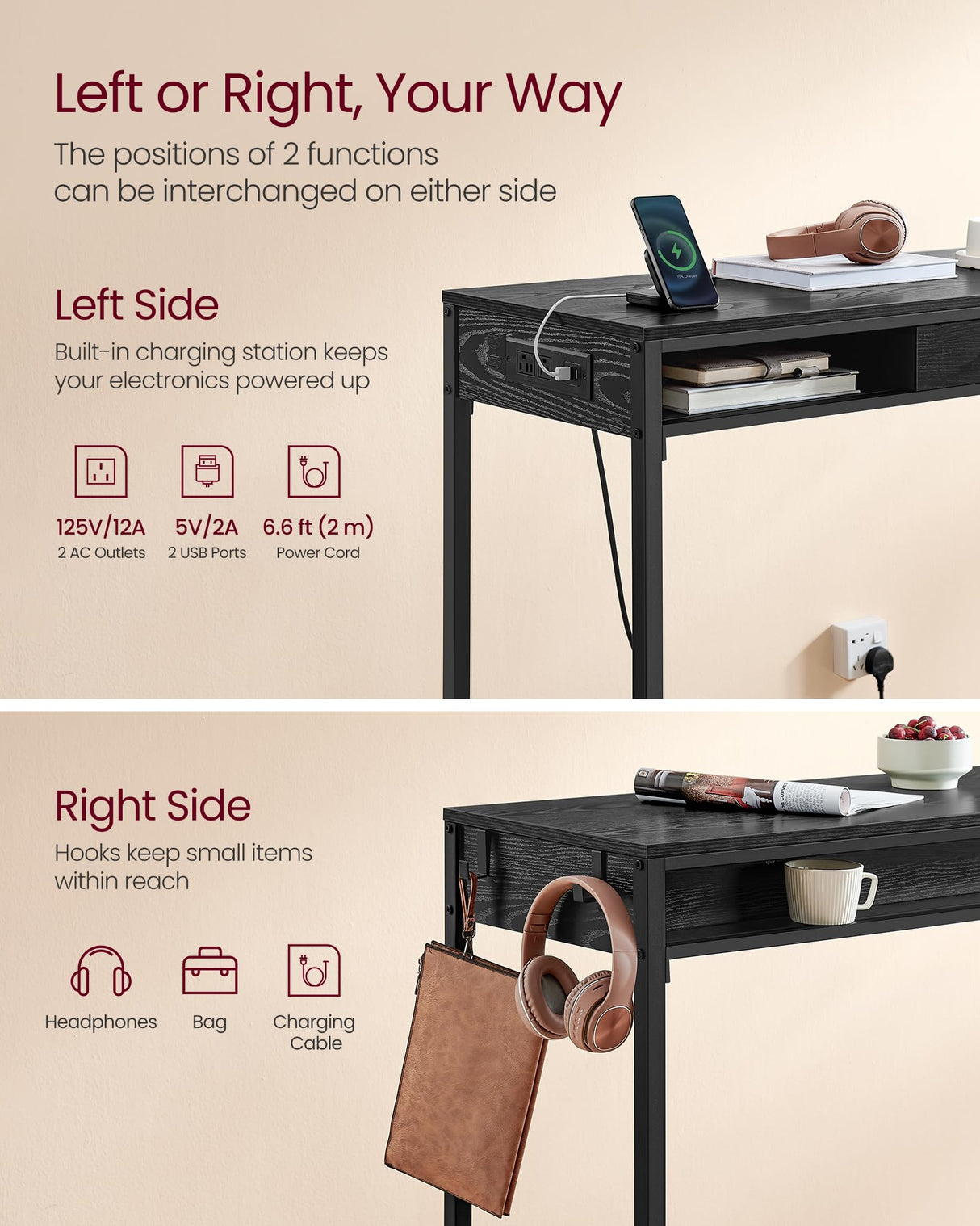 VASAGLE 39.3-Inch Rectangular Bar Table with Power Outlet and Adjustable Feet in Ebony Black VASAGLE