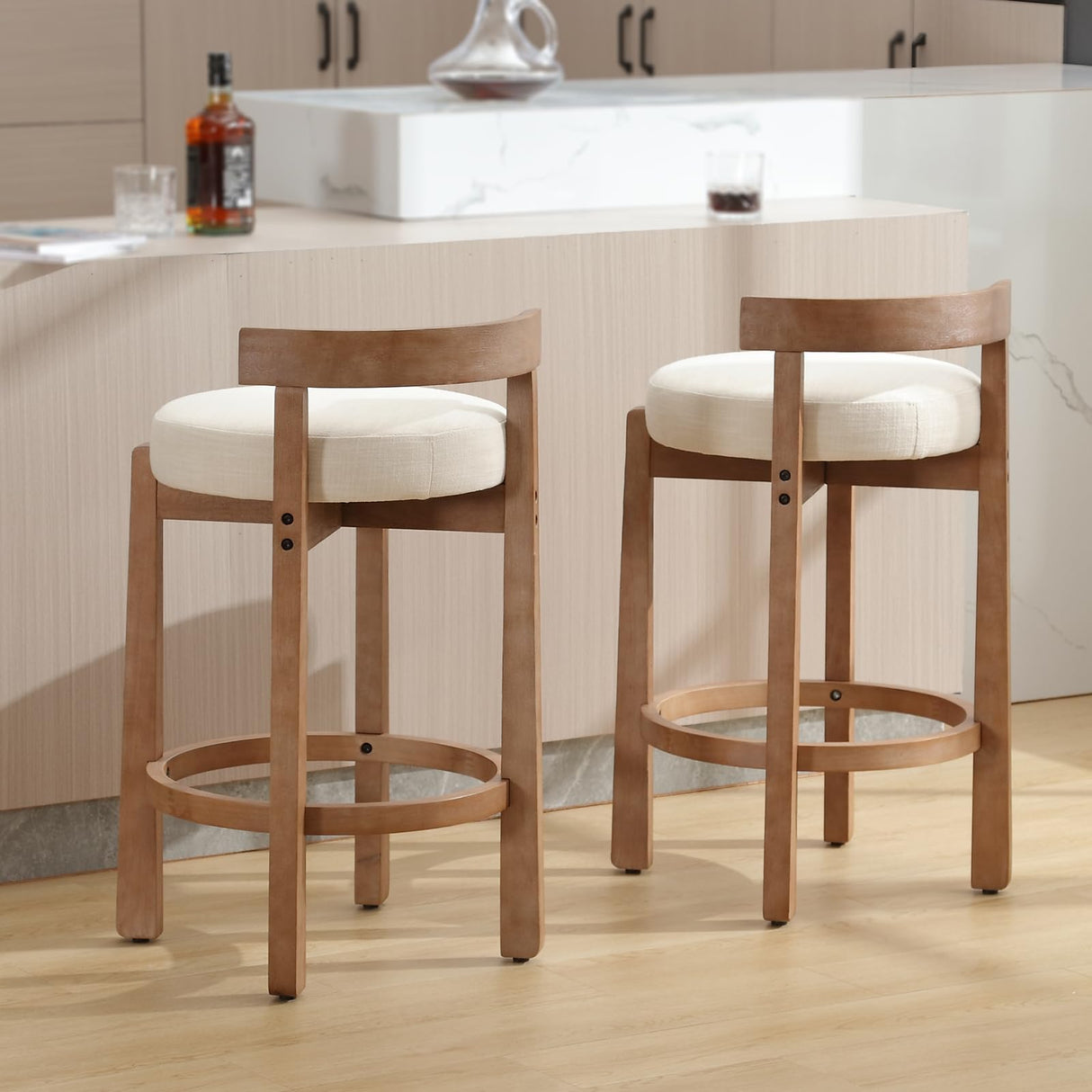 DUOMAY Modern Bar Stools Set of 2, 26" Counter Height Stools, Armless Round Wood Barstools Kitchen Island Stool with Linen Seat for Home Bar Coffee Shop, Beige DUOMAY