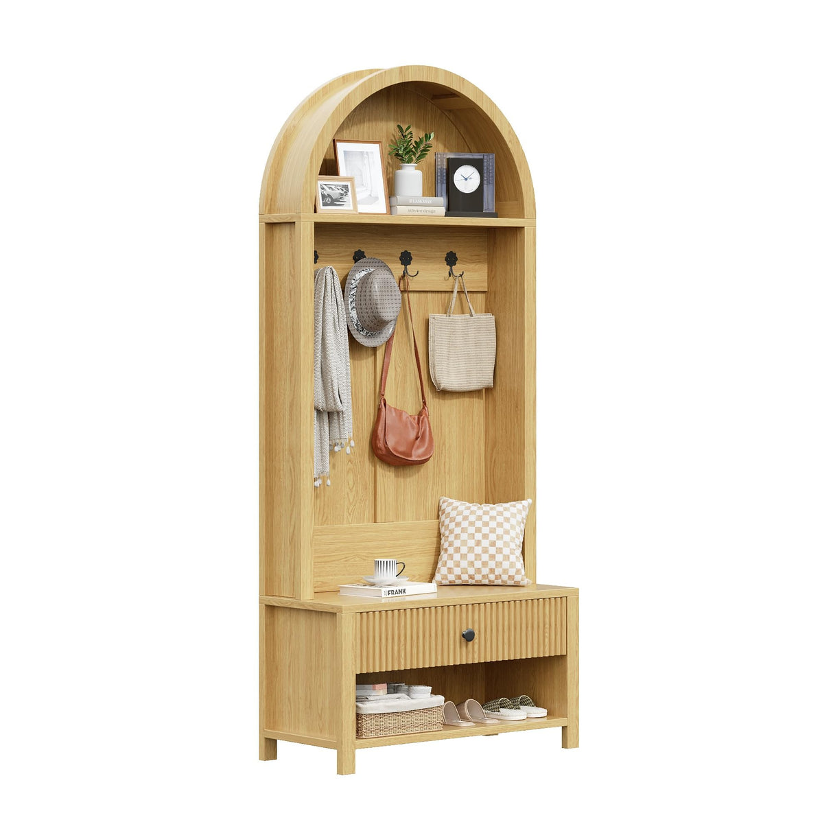 LSKTGA 70.86-inch Entryway Hall Tree, Farmhouse-Style Wooden Coat Rack Freestanding, Entryway Organizer with Four Hooks, Standing Shoe Rack with Bench for Hallways, Foyers, and Living Rooms, Natural LSKTGA