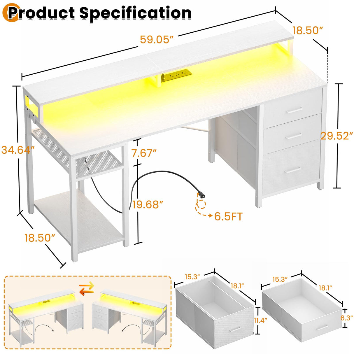 Aheaplus Gaming Desk with LED Lights and Power Outlets, 59 inch Computer Desk with Fabric File Drawers, Home Office Desk with Monitor Stand and Storage Shelves, Writing Desk Work Desk, White Aheaplus