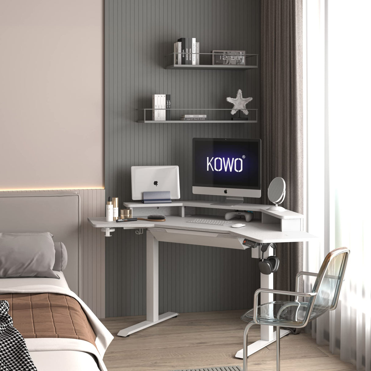 kowo L Shaped Height Adjustable Electric Standing Desk with USB C Hub & Wireless Charger, Sit Stand Corner Desk, Memory Settings, Stand Up Computer Desk Adjustable Table, White kowo