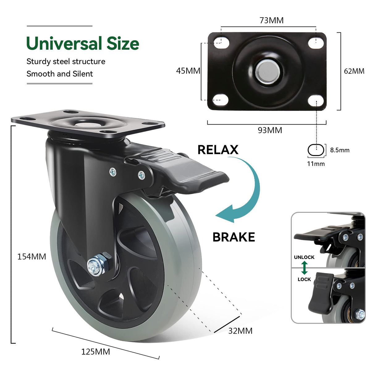 5 Inch Caster Wheels, Casters Set of 4 Heavy Duty, BZOLIHEU Locking Casters, Silent Top Plate Swivel Casters with Brake, Grey Polyurethane Castor Wheels for Furniture and Workbench Cart BZOLIHEU