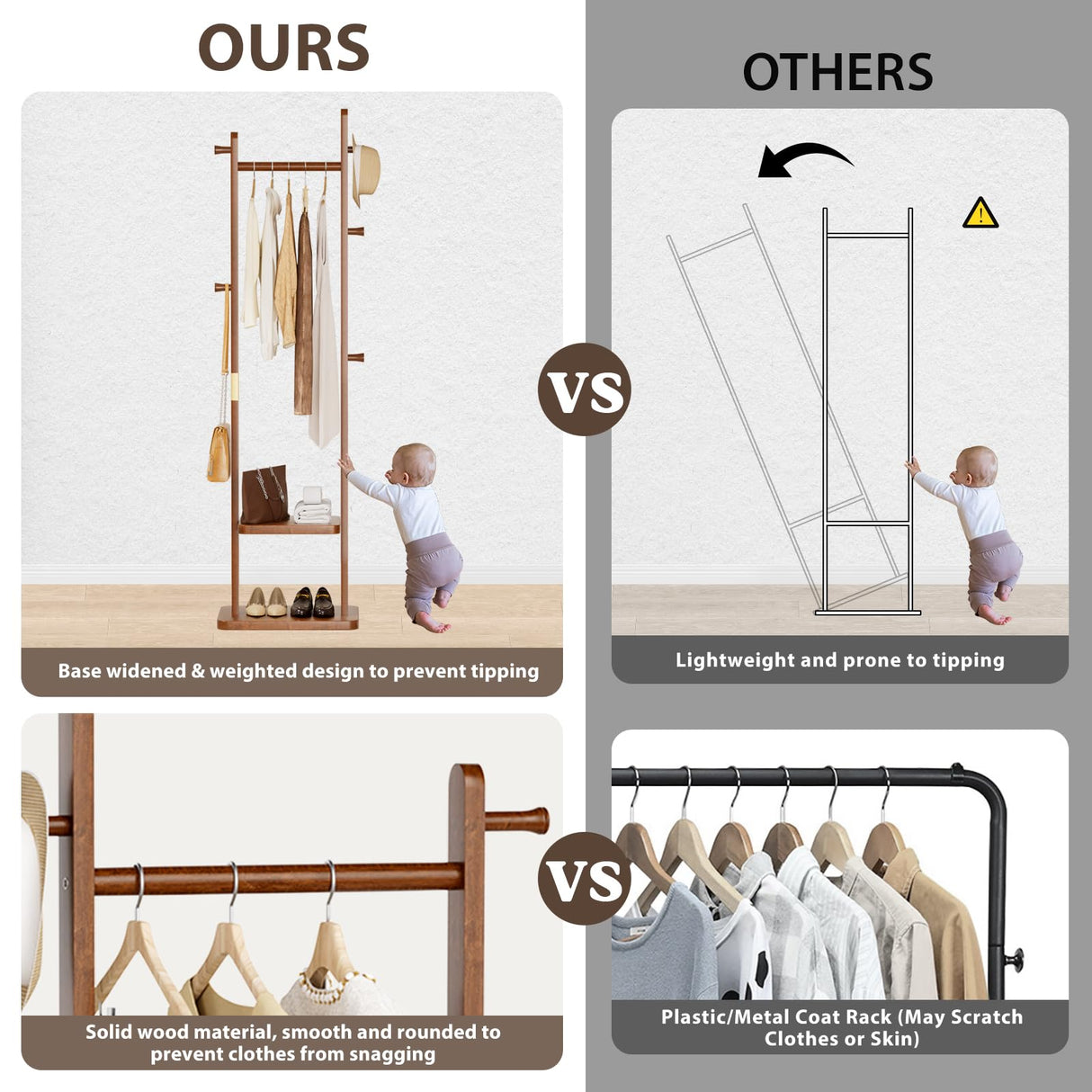 Taitiy Solid Wood Coat Rack Clothes Rack, Coat Rack Freestanding with 2 Shelves and 5 Hooks, Heavy Duty Coat Tree for Entryway, Living room, Coat Hanger Stand for Hats, Bags Clothes(Walnut Brown) Taitiy