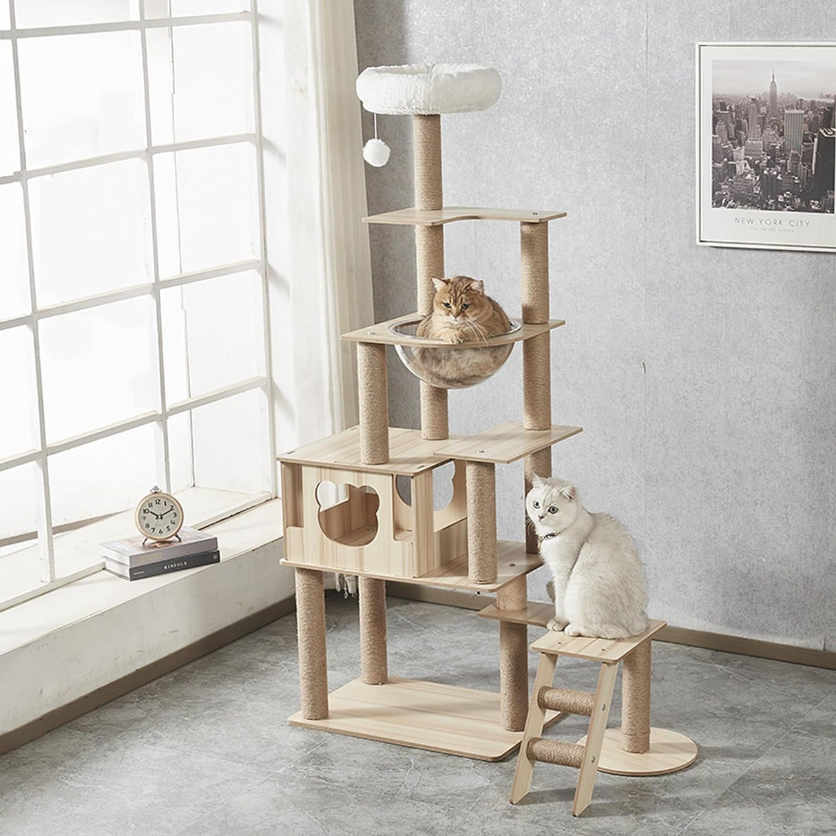 Mekidulu 65-Inch Multi-Pure Wood-Level Cat Tree Tower with Condo, 13 Scratching Posts, with Padded Platform Bed, Toy Balls, and Sisal Scratching,Cat Tree for Indoor Cats Large Adult,Wood cat tree. Mekidulu