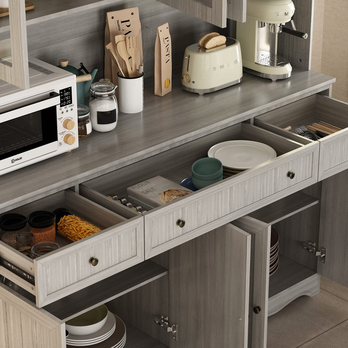 FUFU&GAGA 75.9" Tall Kitchen Pantry Cabinet with 5 Tiers Shelf, 8 Doors & 3 Drawers & Microwave Stand, Freestanding Hutch Cabinet with Buffet Cupboard for Kitchen, Dinningroom FUFU&GAGA