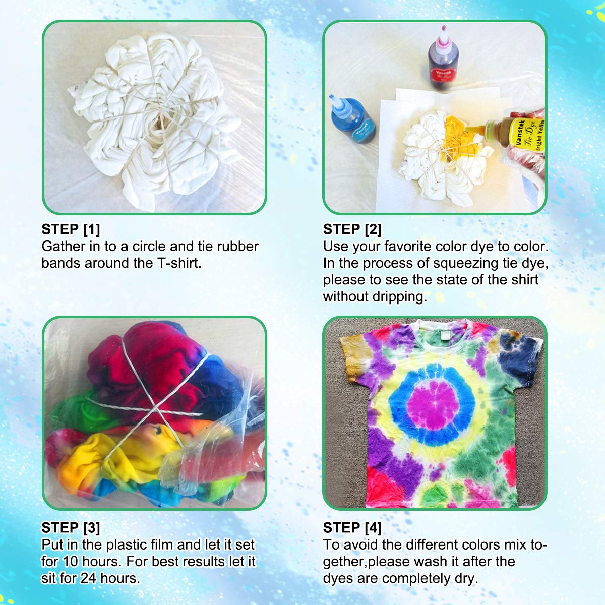 Vanstek Tie Dye Kit, 24 Colors Tie Dye Shirt DIY Fabric Dye for Women, Kids, Men, with Rubber Bands, Gloves, Plastic Film and Table Covers for Family Friends Group Party Supplies Vanstek