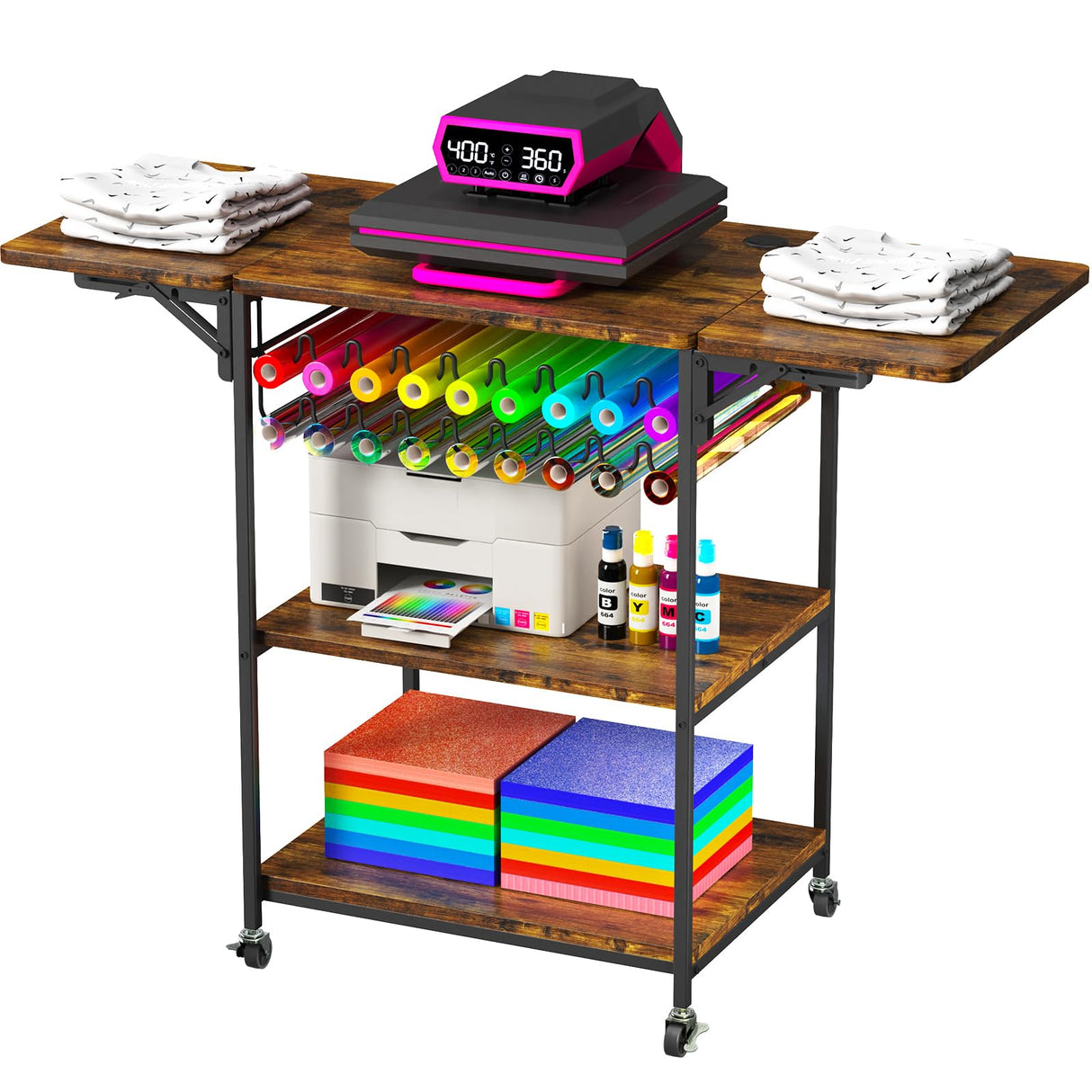EasyCom 19.7"x46.5" Heat Press Table with 18 Vinyl Roll Holders, Adjustable Height 3 Tier Heat Transfer Machine Stand with Wheels, Foldable Crafting Table for DIY Sublimation Transfer Machine EasyCom