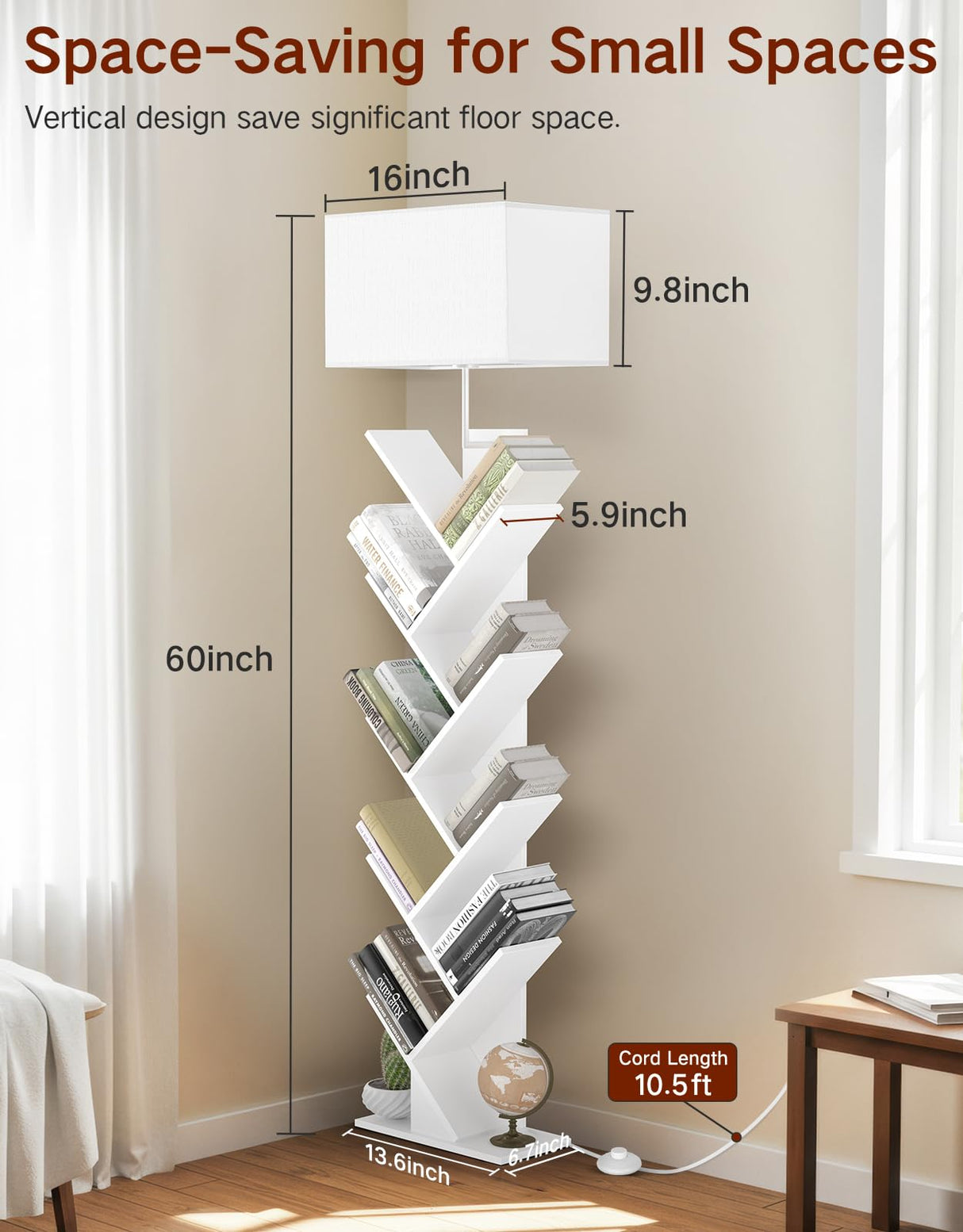 OUTONLIFE 9 Tier Tree Bookshelf with Light, Remote & Timer, Dimmable Tall Floor Standing Lamp, Narrow Wood Bookcase, Small Book Organizer Shelves for Living Room, Bedroom, Home Office (White) OUTONLIFE