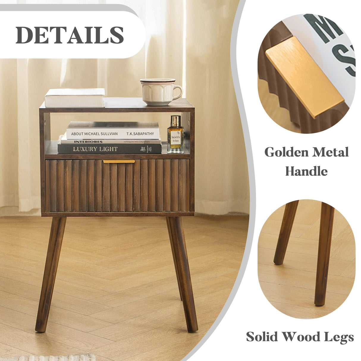 Fultyle Walnut Nightstand, Wooden Bedside Table with Fluted Drawers and Open Shelf, Night Stand Wood for Bedroom, Living Room and Small Space (Rustic Brown) Fultyle