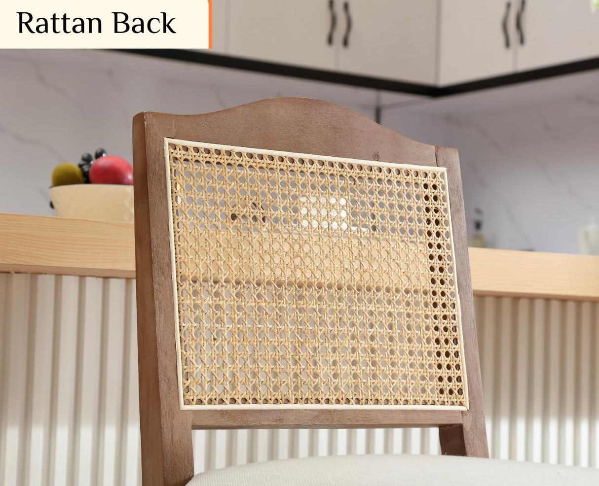 EALSON Counter Height Bar Stools Set of 4 Farmhouse Barstools with Rattan Back Comfortable Upholstered Bar Chairs Mid Century Wood Breakfast Counter Stools for Kitchen Island, Linen Beige EALSON