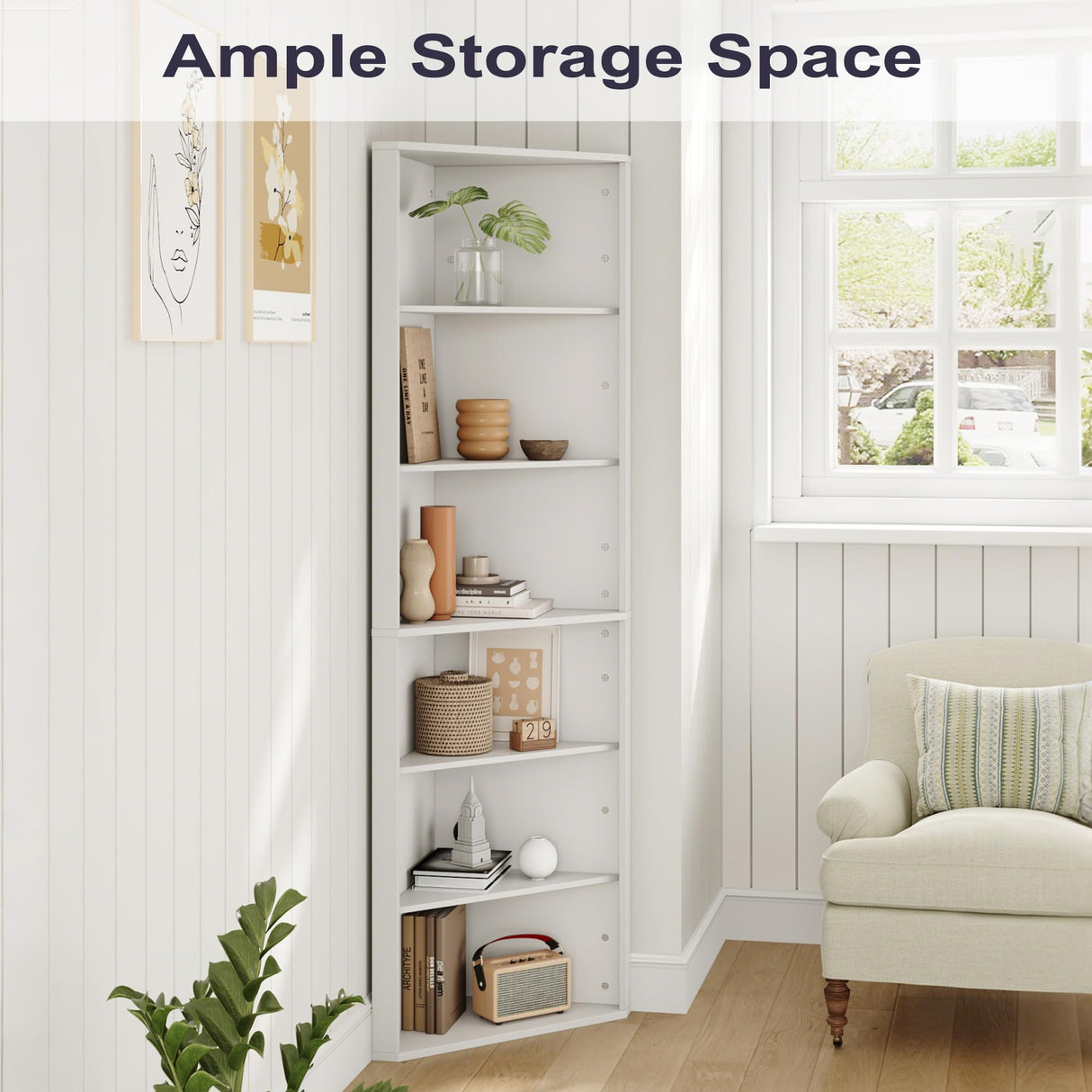 Furnify 6 Tier Corner Shelf with Adjustable Shelf, 68" Tall Corner Bookshelf Bookcase, Freestanding Corner Display Storage Shelf for Living Room, Office, Kitchen, Bath Room,Small Space, White Furnify