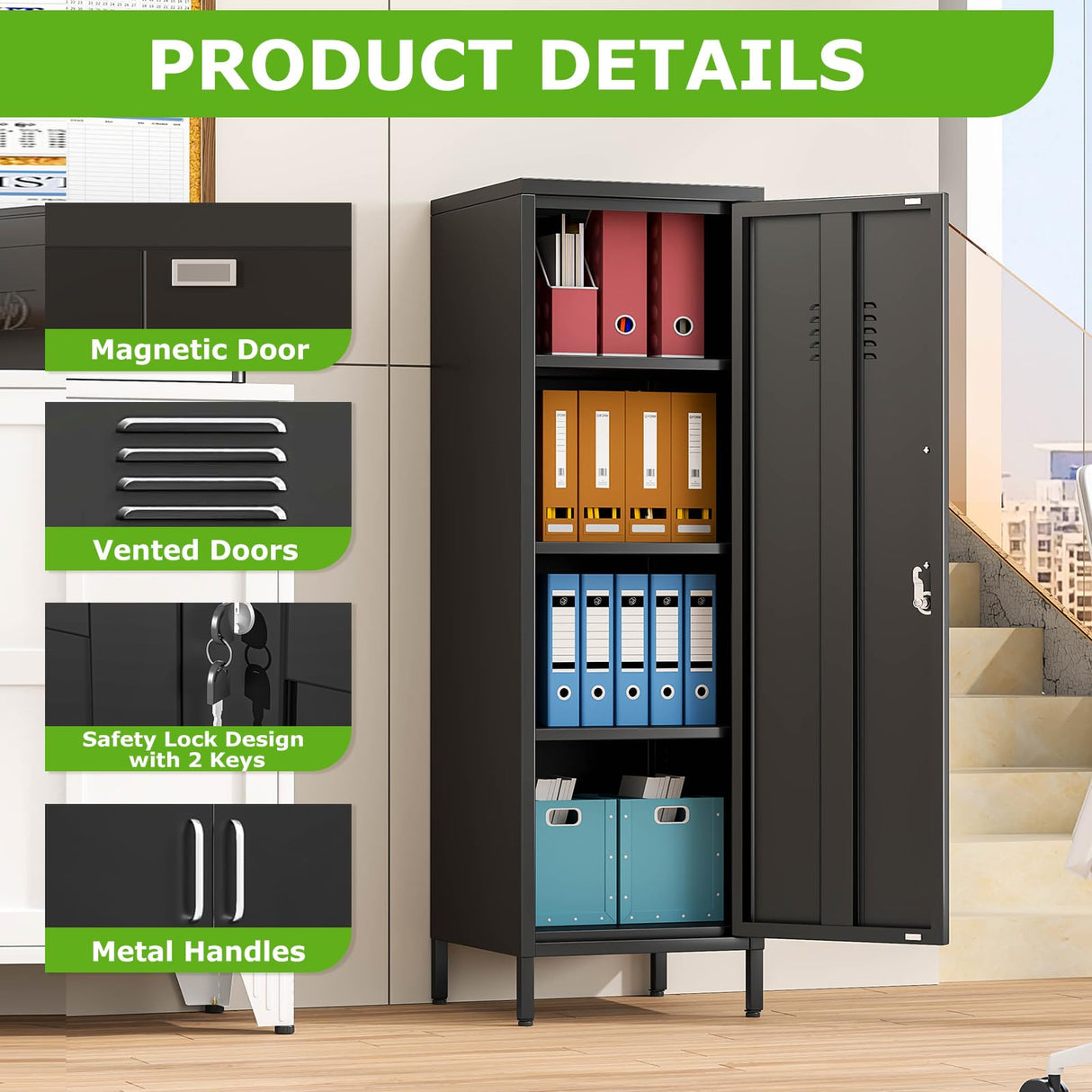 PAOFIN 47" Metal Storage Locker, Lockable Employees Metal Locker with Door and Adjustable Shelves, Steel Locker for Home, School, Office, Gym (Black) PAOFIN