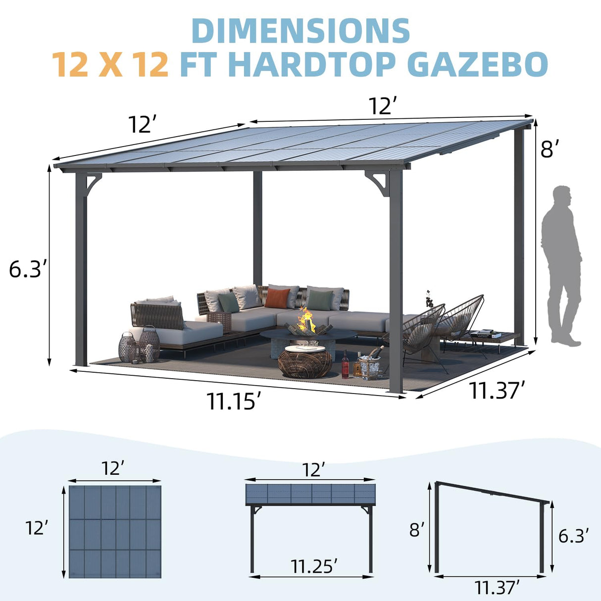 AECOJOY 12' x 12' Gazebo Outdoor Pergola for Patio, Large Wall-Mounted Hard Top Lean to Metal Gazebo Shelter Pergolas and Gazebos Clearance with Patio Roof, Heavy Duty Awnings for Patio, Decks AECOJOY