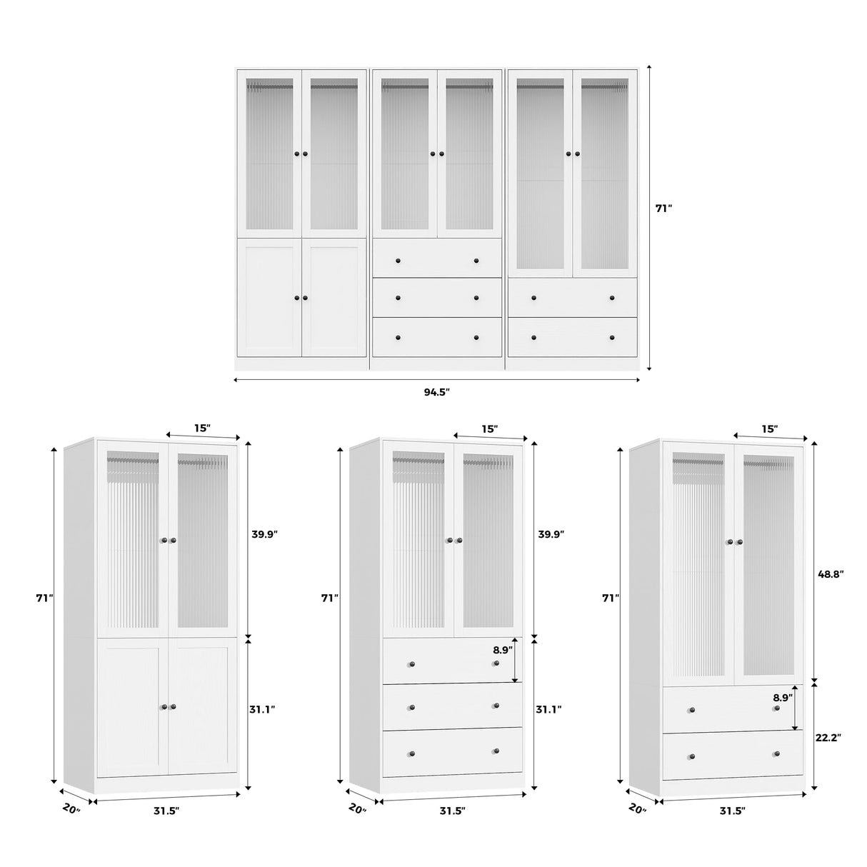 VOWNER 20“D Armoire Wardrobe Closet with Fluted Glass, 71" H Clothing Storage Cabinet with Hanging Rod, 4 Soft-Close Doors Wooden Wardrobe Cabinet for Bedroom, Large Capacity Storage White (AAC) VOWNER