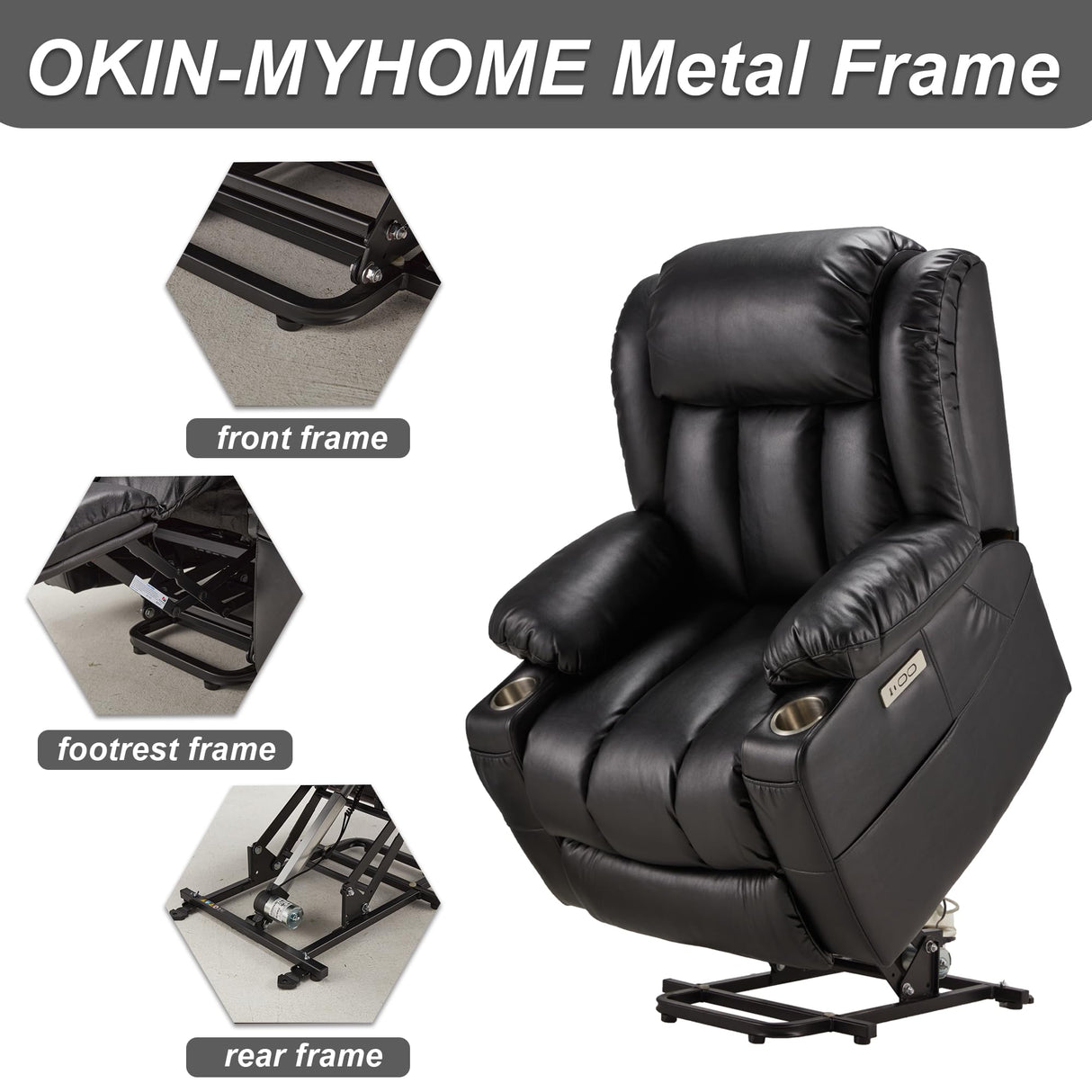 Outspurge Power Lift Recliner Leather Chair Sofa with Massage & Heat, Lazy Boy Chair with Cup Holders, USB & Type-C Ports, Remote Control (Black) Outspurge