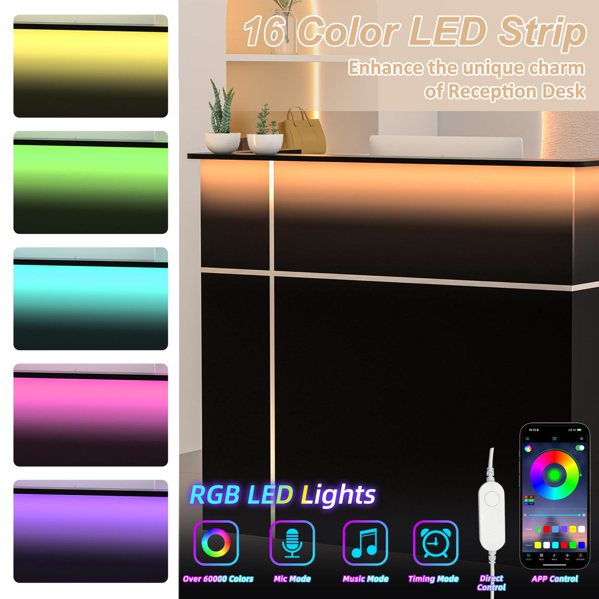 AHB Reception Desk with Counter, Modern Front Table Equipped Lockers & Storage Shelves, 50-inch Checkout Counter with LED Lights & DIY Stripe for Lobbies, Salons, Retail, Home Offices, Reception Room AHB