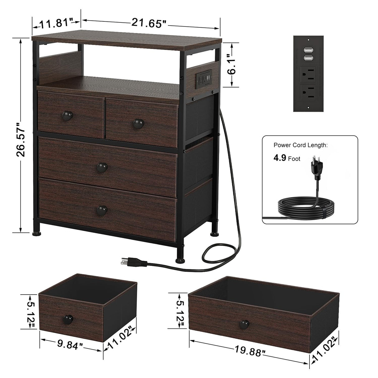 REAHOME Nightstand with Charging Station, Bedside Table with 4 Drawers and 2-Tier Shelf, Modern End Table with Wooden Top for Bedroom, Living Room, Hallway-Rustic Brown REAHOME