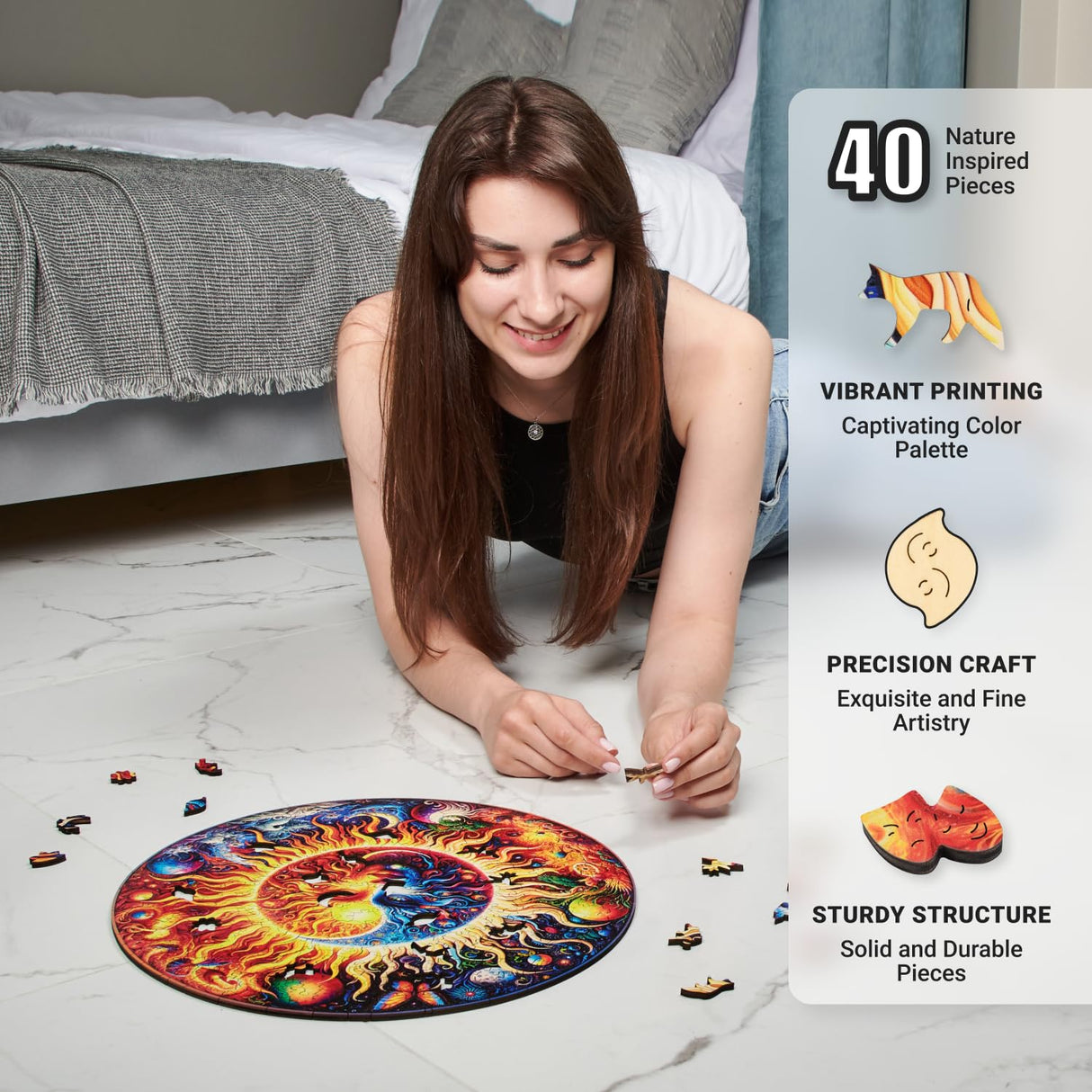 LEOGOR Mosaic Wooden Jigsaw Puzzles for Adults with Whimsical Pieces – 350 Piece Colorful Sun and Moon Puzzle with Unique Animal-Shaped Wood Pieces – Beautiful Design, Large 14.9'' x 14.9'' LEOGOR