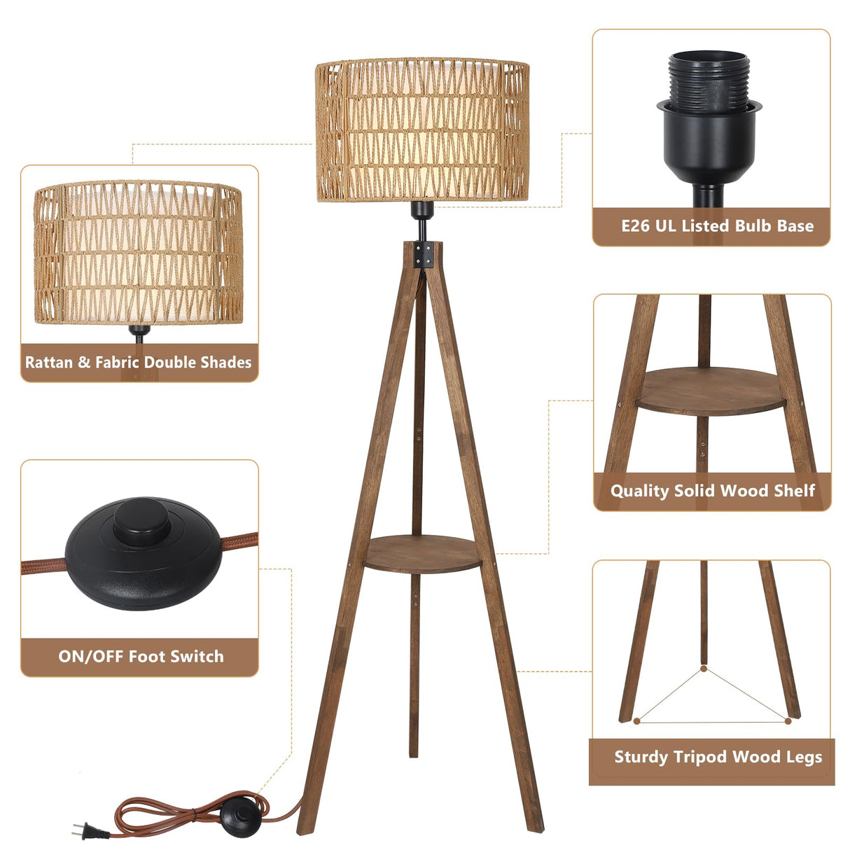 LAMSU Boho Tripod Floor Lamps for Living Room, Rattan Wood Floor Lamp with Fabric Shades, Mid Century Standing Lamp with Shelf, Foot Switch, Modern Farmhouse Tall Lamps for Bedroom Office Brown LAMSU