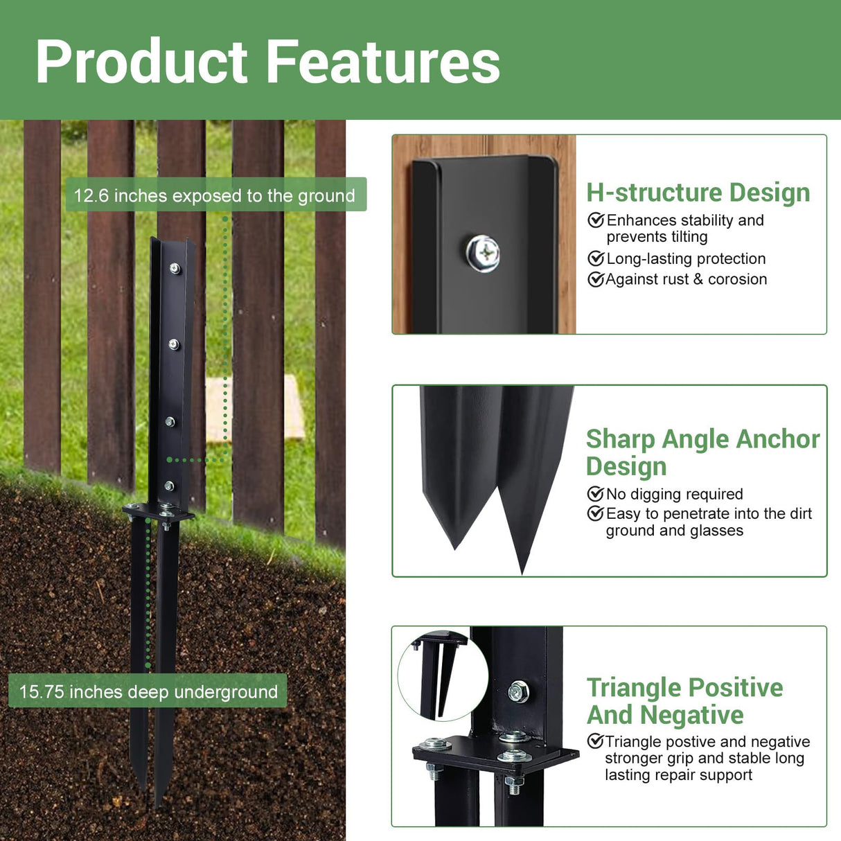 2 Pack Fence Post Repair Kit, Fence Post Anchor Kit, Heavy Duty Steel Fence Post Repair Stakes, Fence Post Anchor Ground Spike for Repairing Tilted Broken Wooden Fence Post, Black YSaekYeo