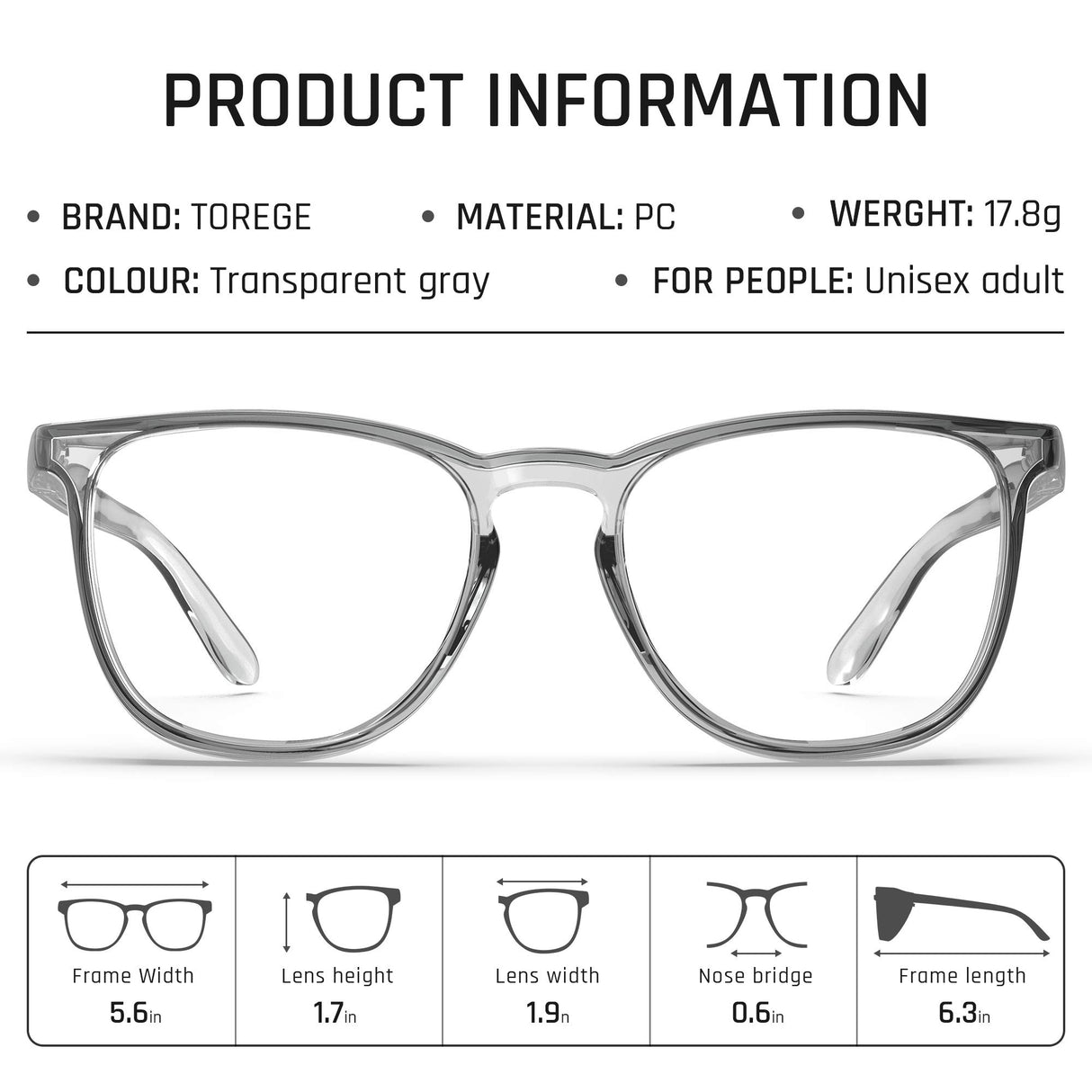 TOREGE Safety Glasses, Fashionable Eye Protection Glasses With Clear Scratch Resistant Lenses, Great Safety Goggles For Women & Men(Transparent Gray&Clear Lens) TOREGE
