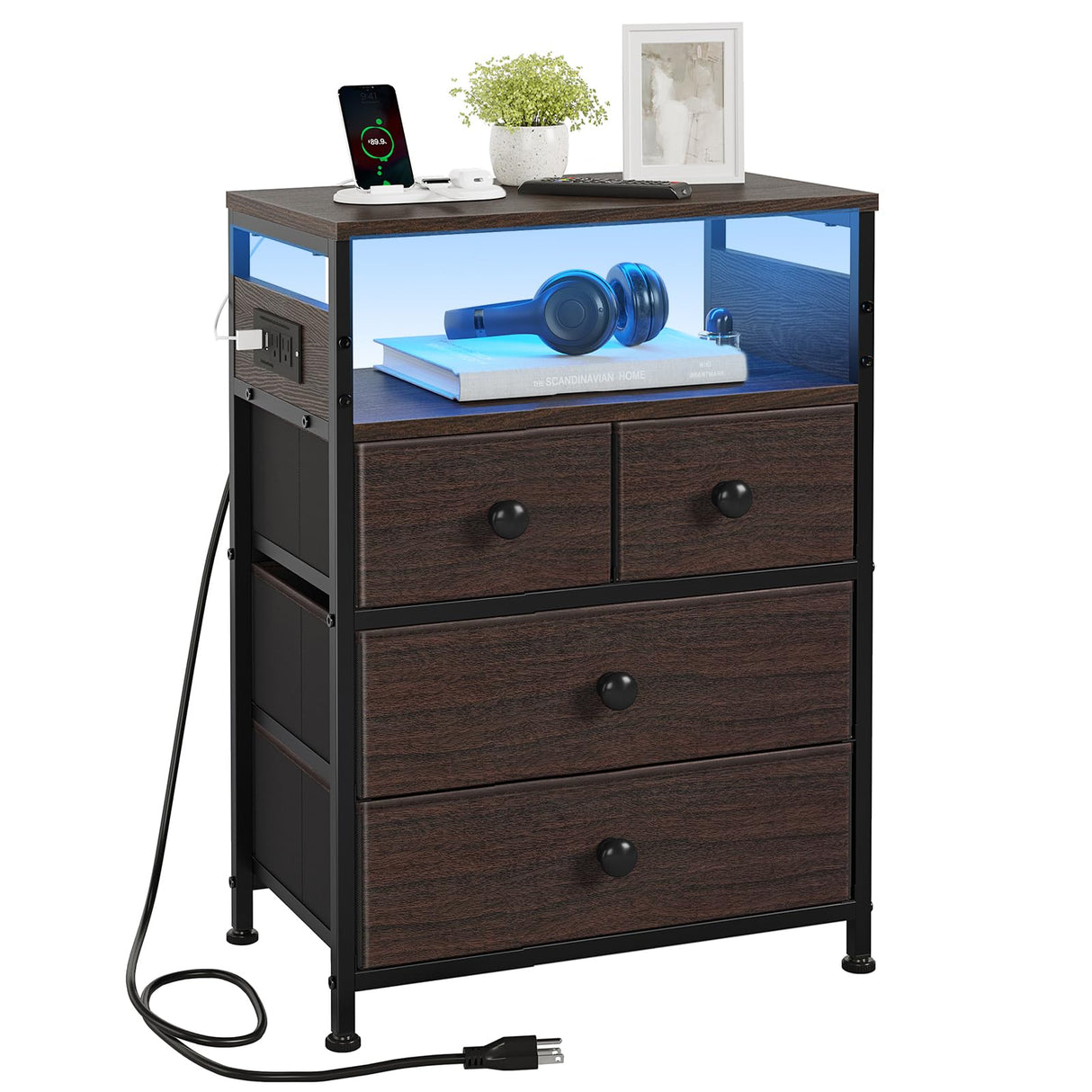 REAHOME Nightstand with Charging Station and LED Light, Tall Brown Night Stand with 4 Drawers and 2-Tier Shelf, Modern End Table with Wooden Top for Bedroom, Living Room, Hallway - Rustic Brown REAHOME