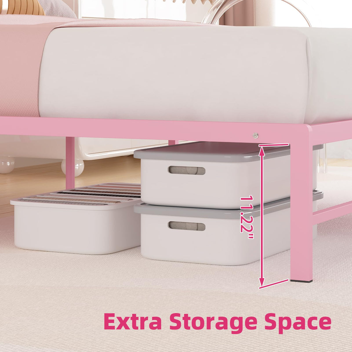 Elephance Full Bed Frame with Headboard Metal Bed Frame Full Size with 11.2" Storage Space No Box Spring Needed Easy Assembly,Pink Elephance