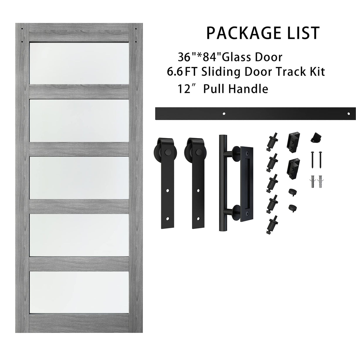 BARNSMITH 36in x 84in Glass Barn Door with 6.6FT Sliding Door Hardware Kit included & Handle,5-Panel Frosted Glass Solid Wood Slab with Water-Proof PVC Surface,Pre-Drilled Easy Assembly,Grey BARNSMITH