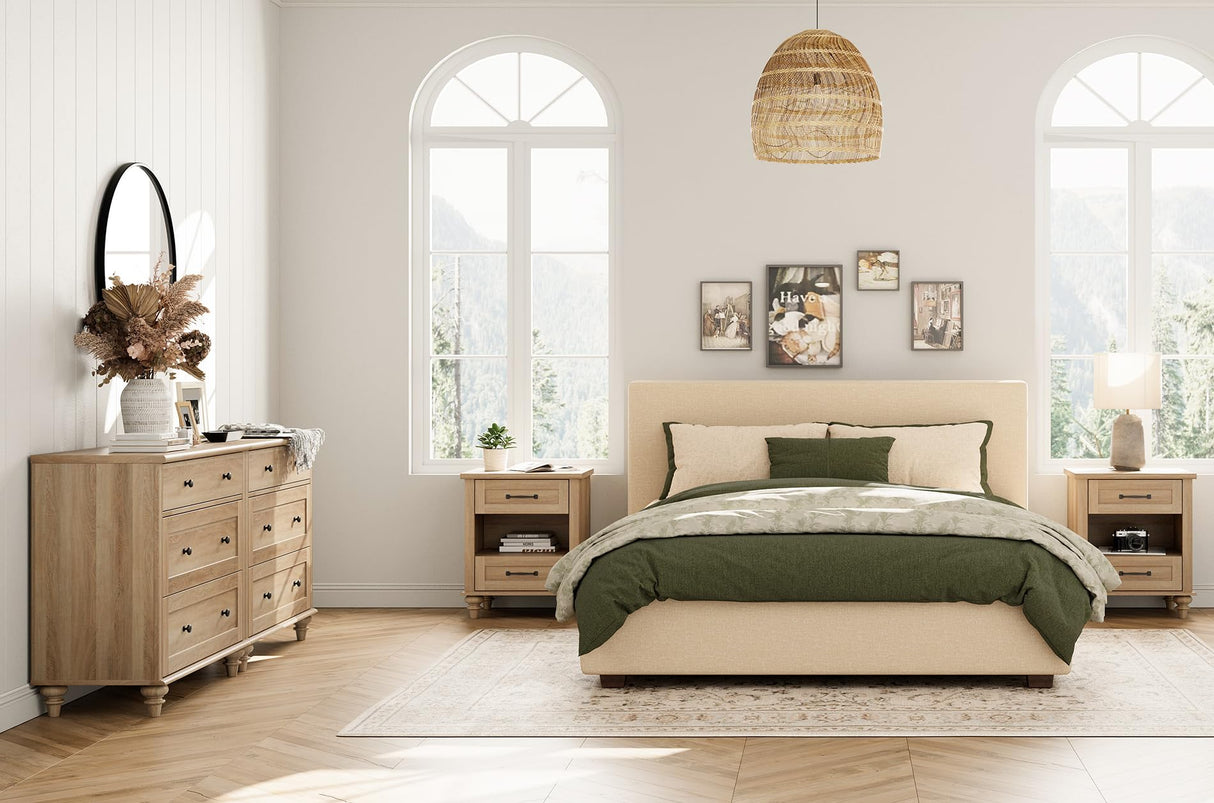 WAMPAT Set of 2 Nightstands with Drawers & Charging Station, Farmhouse Bedside Table with Open Shelf, Nightstand with Solid Wood Feet, Oak End Tables for Bedroom Living Room, Natural WAMPAT