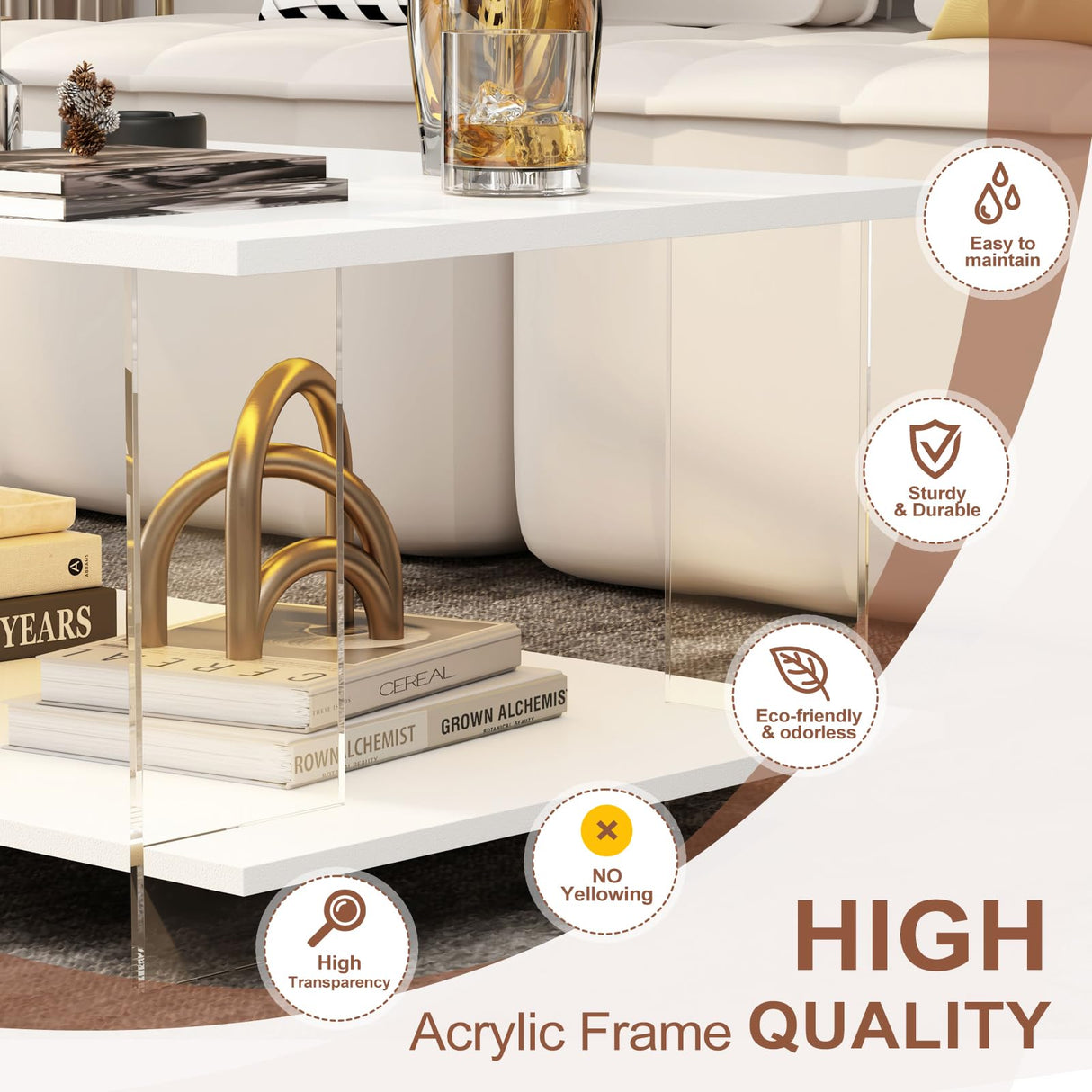 HedoAjim 43" Acrylic Coffee Table with Wood Top, Minimalist Stylish Modern Rectangular Center Tables for Living Room, Led Living Room Table with Storage Shelf & Acrylic Frame for Small Space HedoAjim