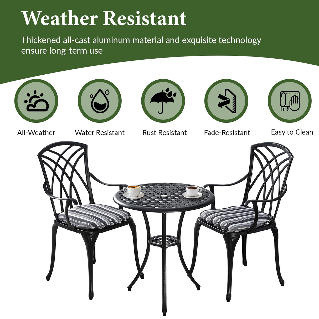 Lokingrise Outdoor Bistro Set 3 Piece Outdoor Bistro Table and Chairs Set Table with Umbrella Hole, Cushions, Cast Aluminum Patio Furniture for Porch, Backyard, Garden, Black Lokingrise