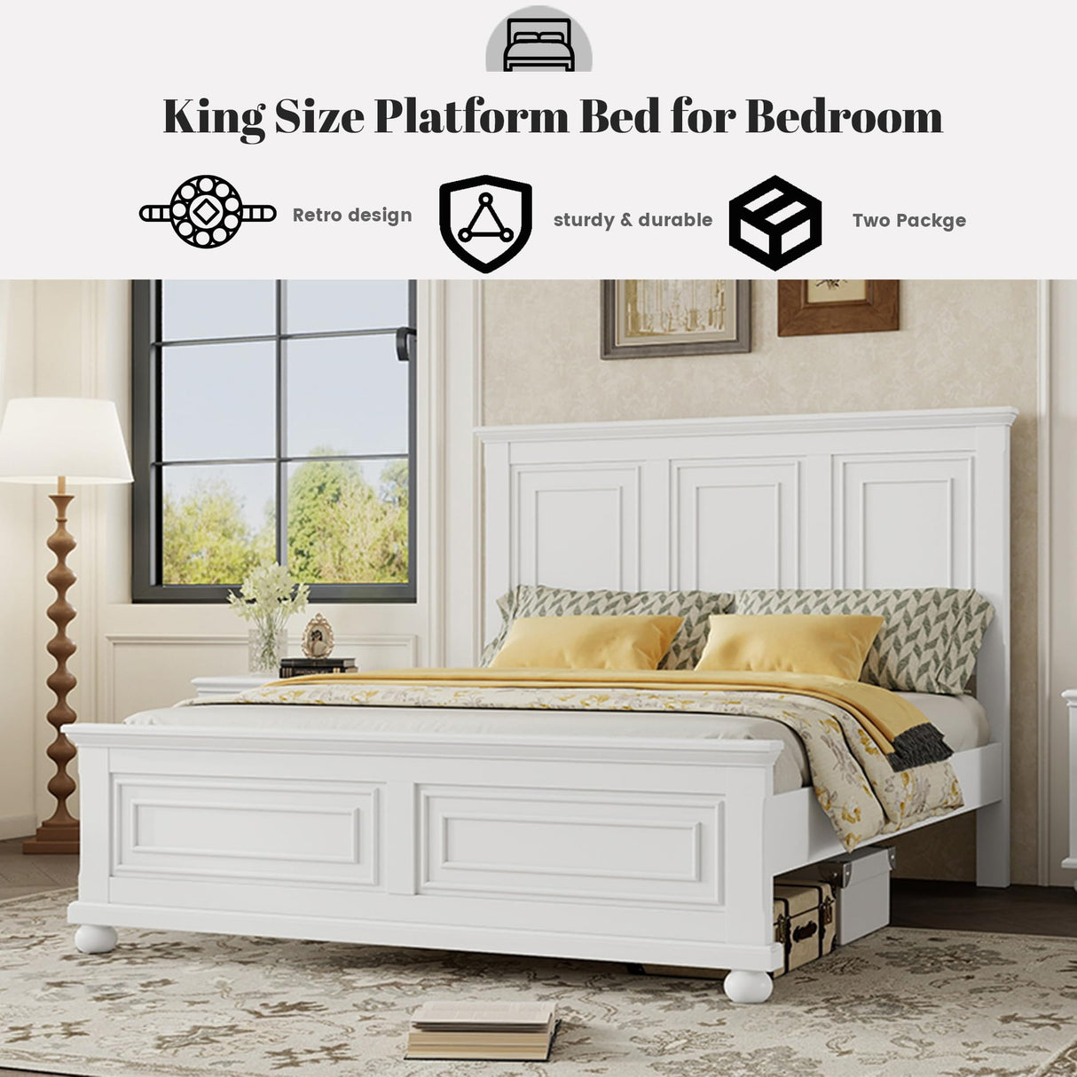 Duxelifin King Size Platform Beds for Bedroom, Tall Headboard King Bed Frame with Footboard, Pinewood Antique Bed Frame, Farmhouse Style, Noise-Free, No Box Spring Needed, White Duxelifin