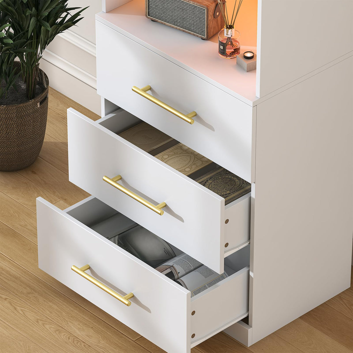 Winkalon 71“H White Bookshelf with LED Light, Bookcase and Bookshelf with Drawers, Tall Bookcase Tall Storage Cabinet 3-Tier Open Shelves for Home Office Living Room Bedroom, 15.8"D x 23.6"W x 70.9"H Winkalon