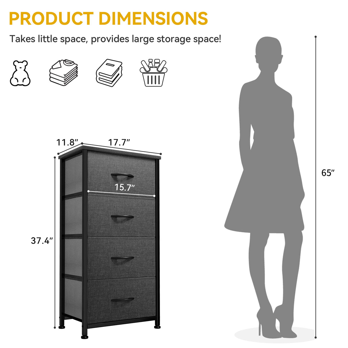 DWVO Storage Tower with 4 Drawers - Fabric Dresser, Organizer Unit for Bedroom, Living Room, Closets - Sturdy Steel Frame, Easy Pull Fabric Bins & Wooden Top DWVO
