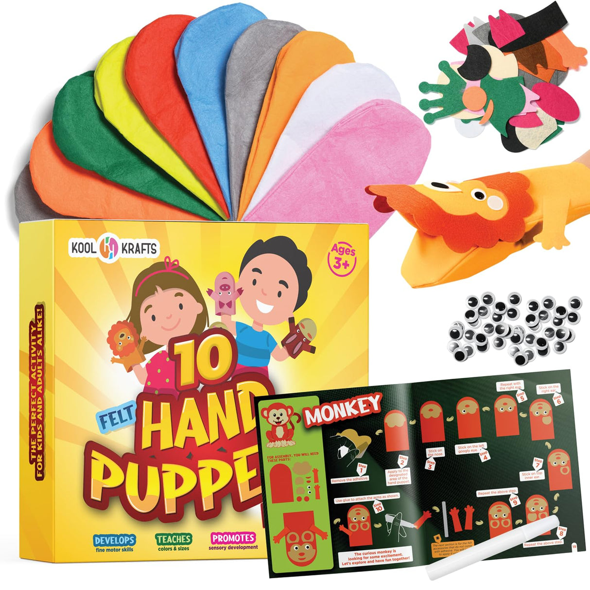 Hand Puppet Kit - Make Your Own Animal Puppets - 10 Felt Puppets - Simple Step By Step Instructions - Art Craft, Role Play, Storytelling - Puppets for kids, Children's Art & Craft Birthday Gifts Ideas KOOL KRAFTS
